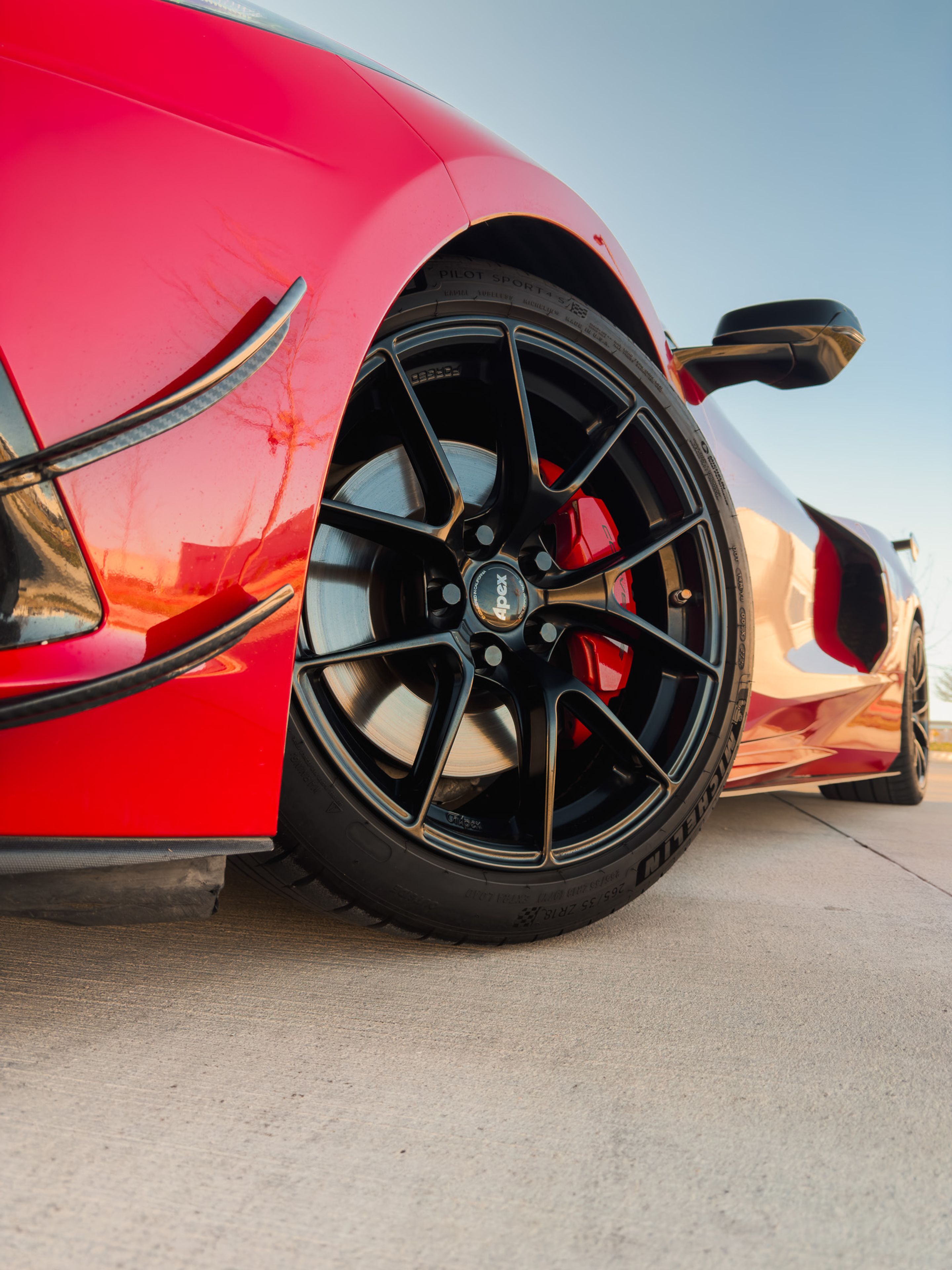 Red Chevrolet C8 Corvette Stingray/Z51 with 18"/19" VS-5RS Apex wheels in Satin Black