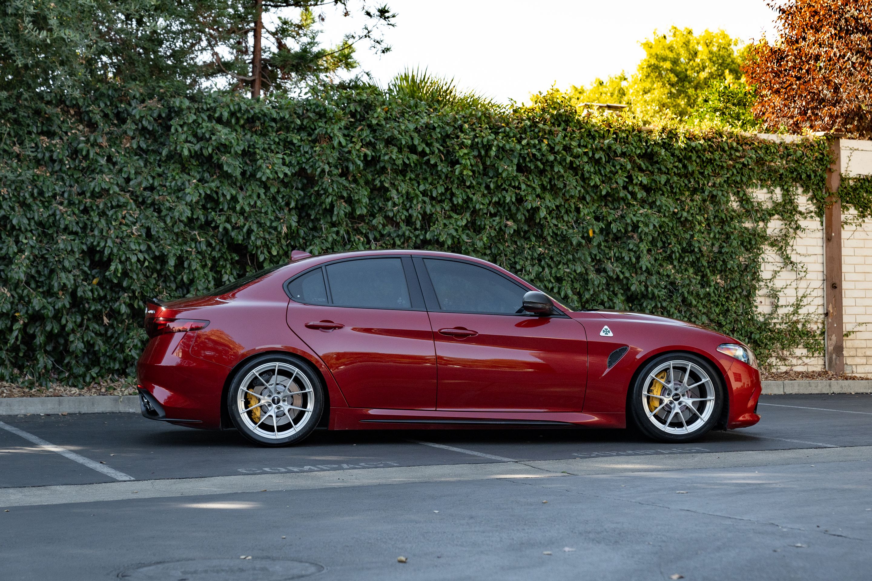 Red Alfa Romeo Giulia Quadrifoglio with 19" VS-5RS Apex wheels in Brushed Clear