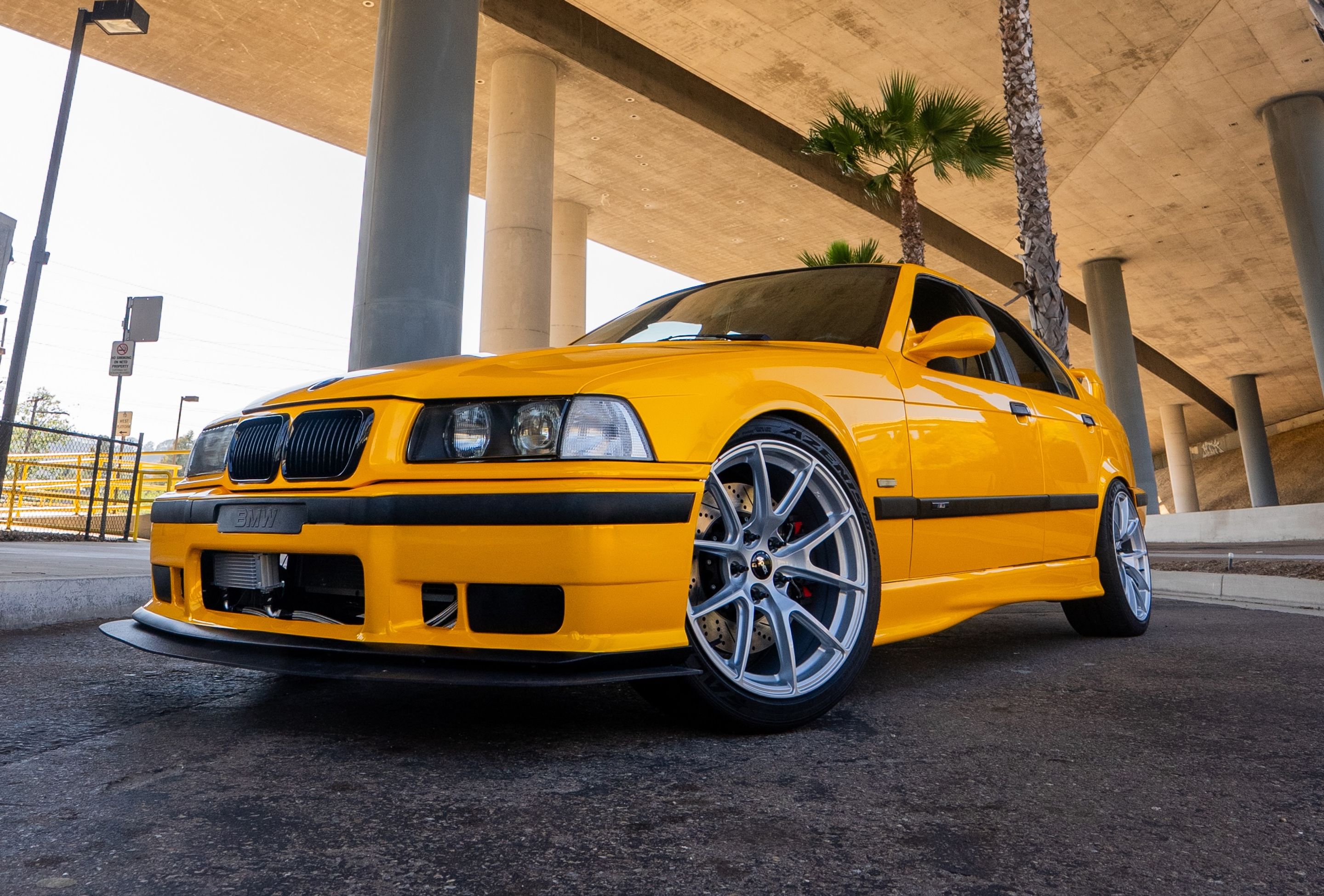Yellow BMW E36 M3 with 18" VS-5 Apex wheels in Race Silver