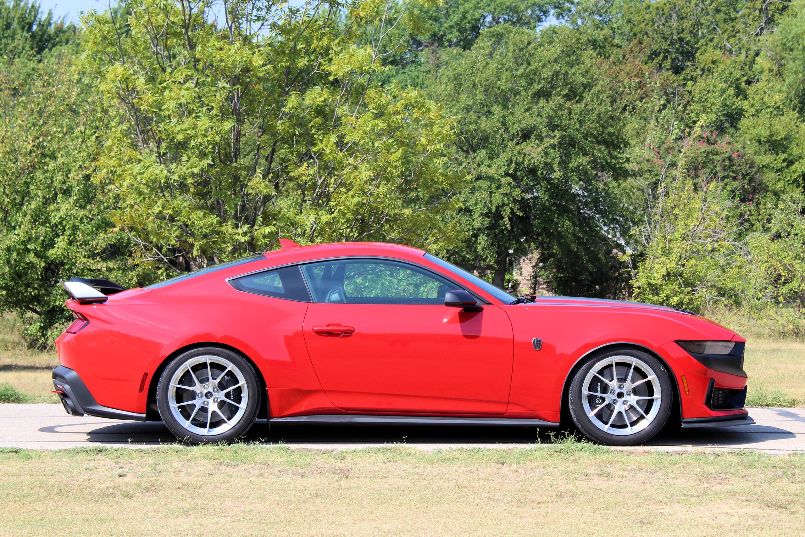 Red Ford S650 Mustang Dark Horse with 19" VS-5RS Apex wheels in Brushed Clear