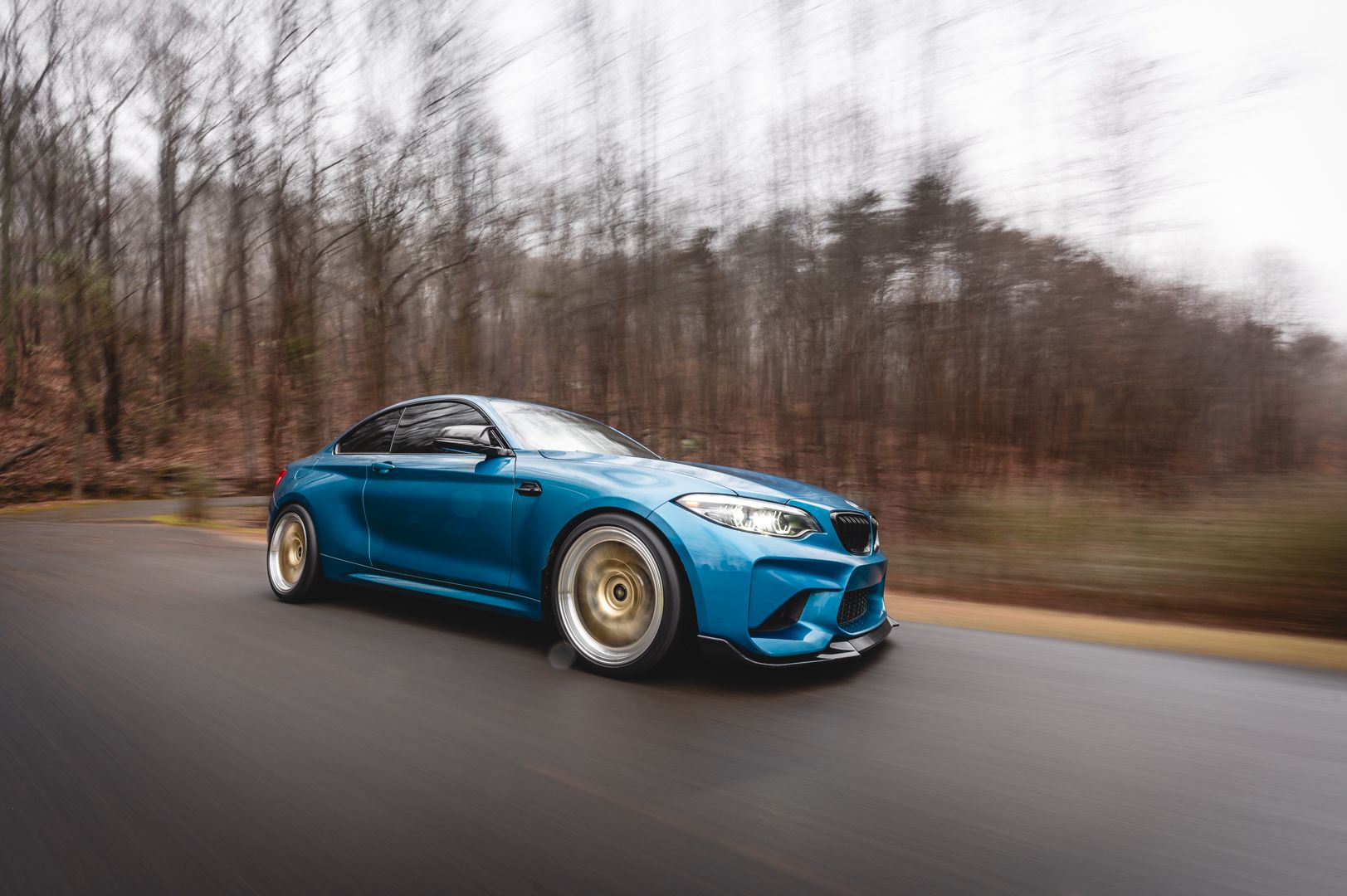 Blue BMW F87 M2 with 19" ML-10RT Apex wheels in Machined Lip Gloss Motorsport Gold