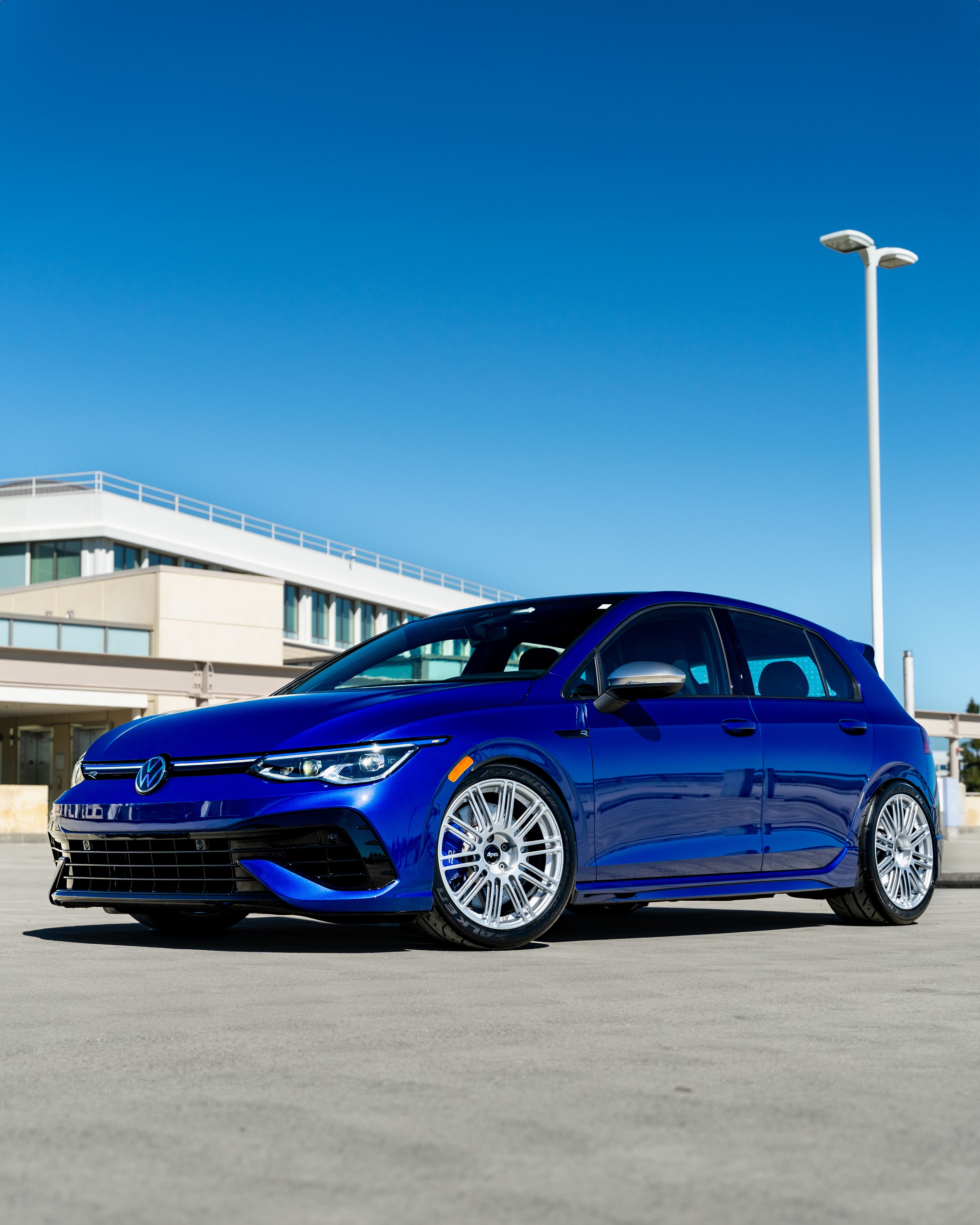 Blue VW MK8 Golf R with 18" TC-10RT Apex wheels in Race Silver