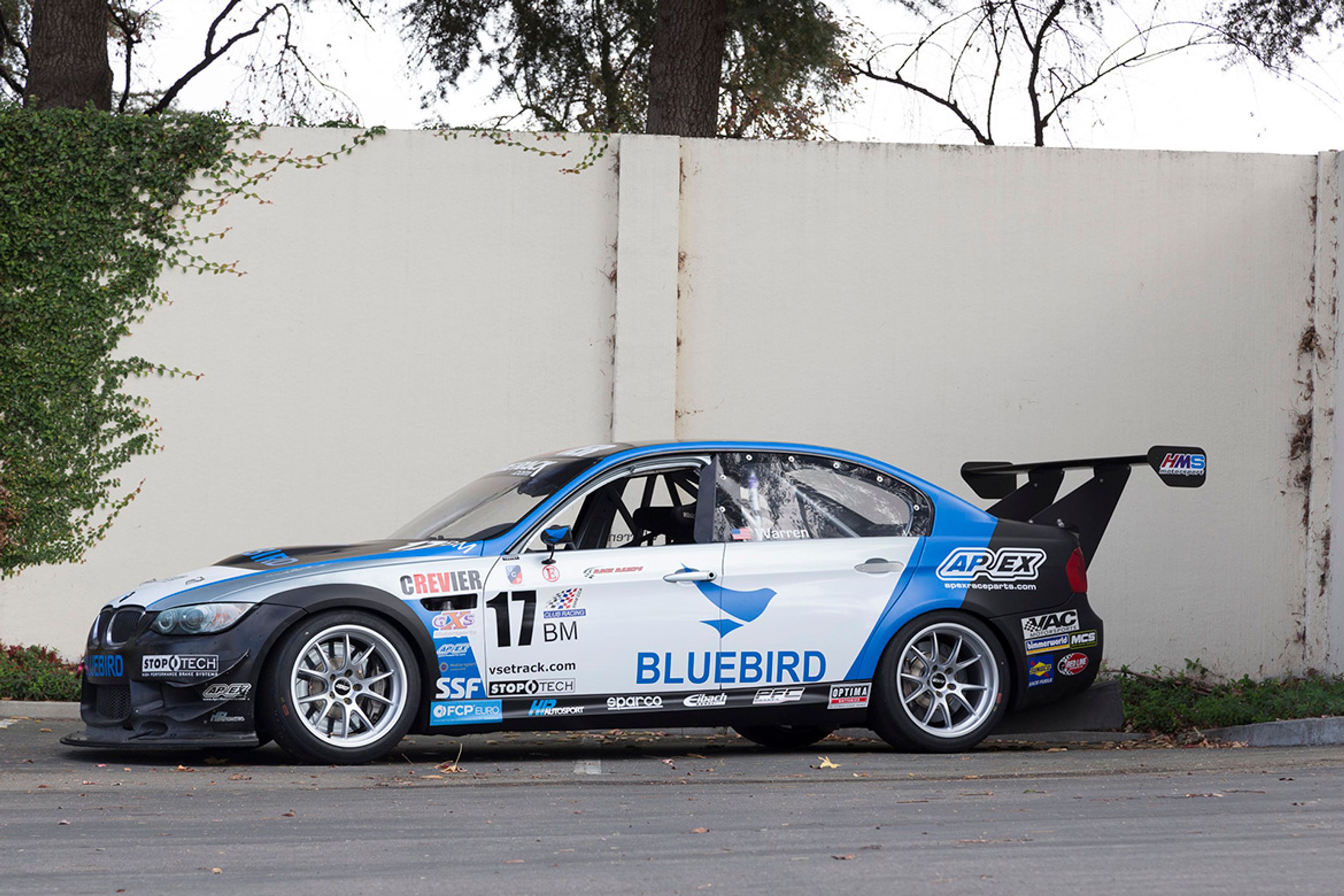White BMW E90 Sedan M3 with 18" FL-5 Apex wheels in Race Silver