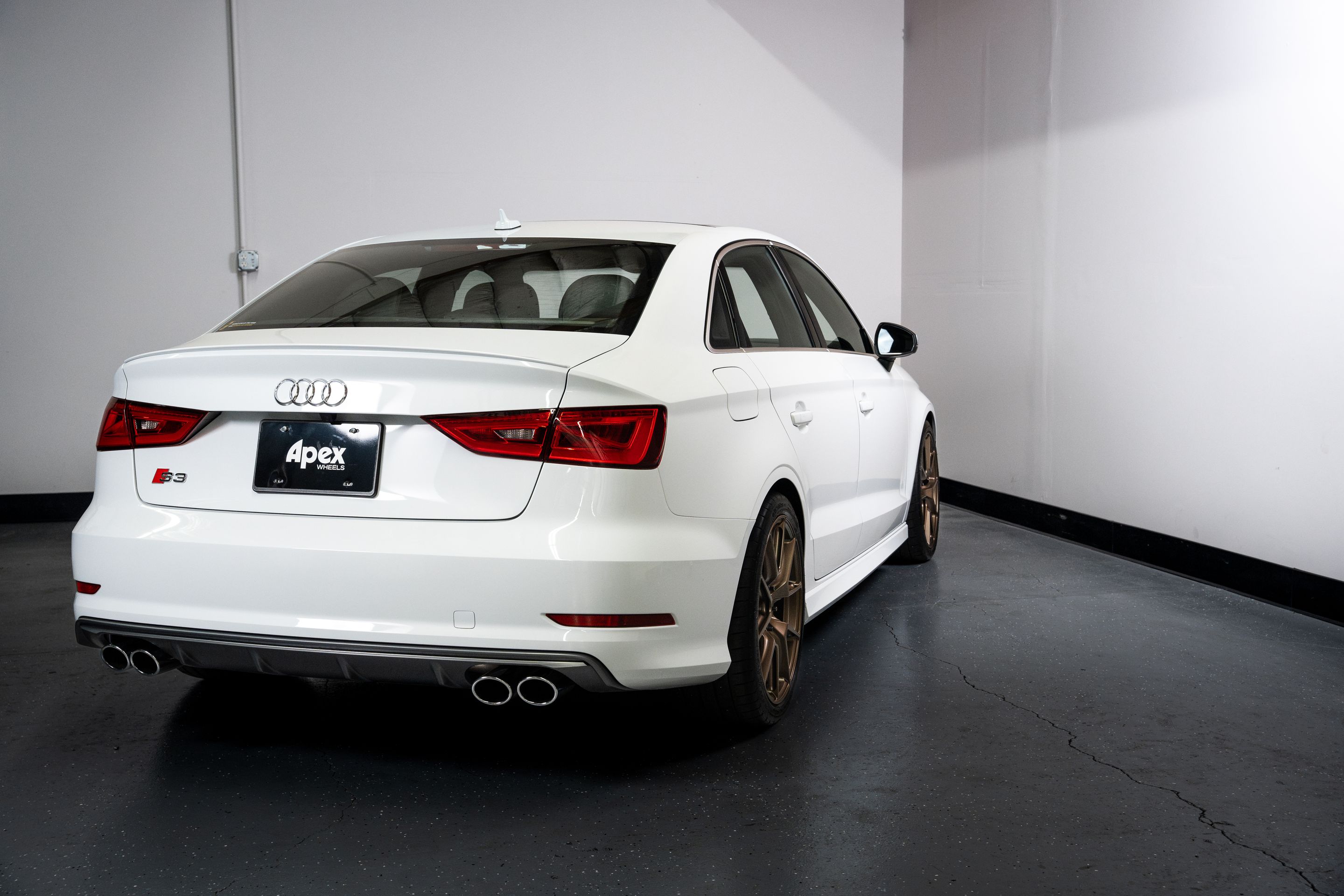 White Audi 8V S3 with 18" VS-5 Apex wheels in Satin Bronze