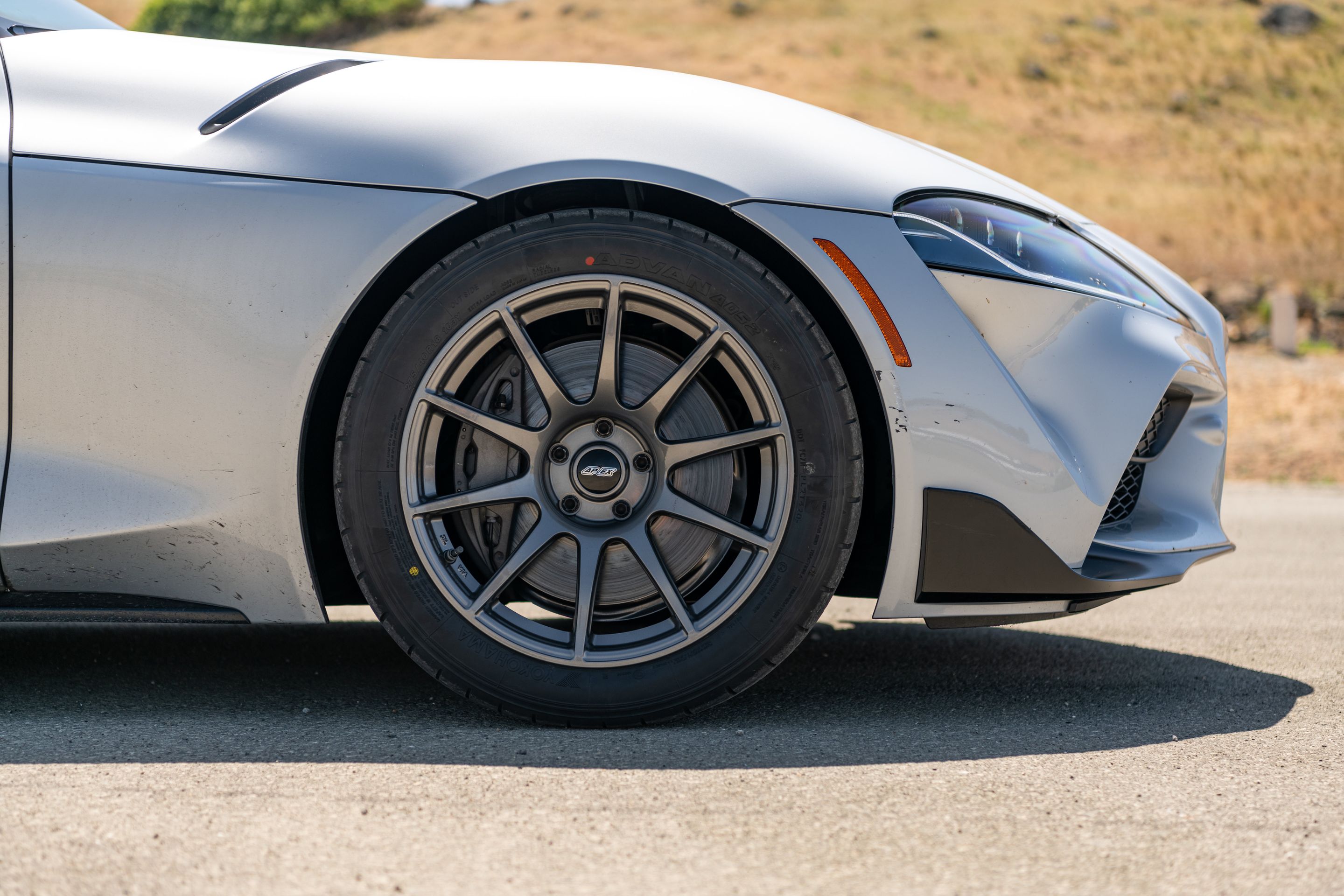 Silver Toyota GR Supra with 18" SM-10 Apex wheels in Anthracite