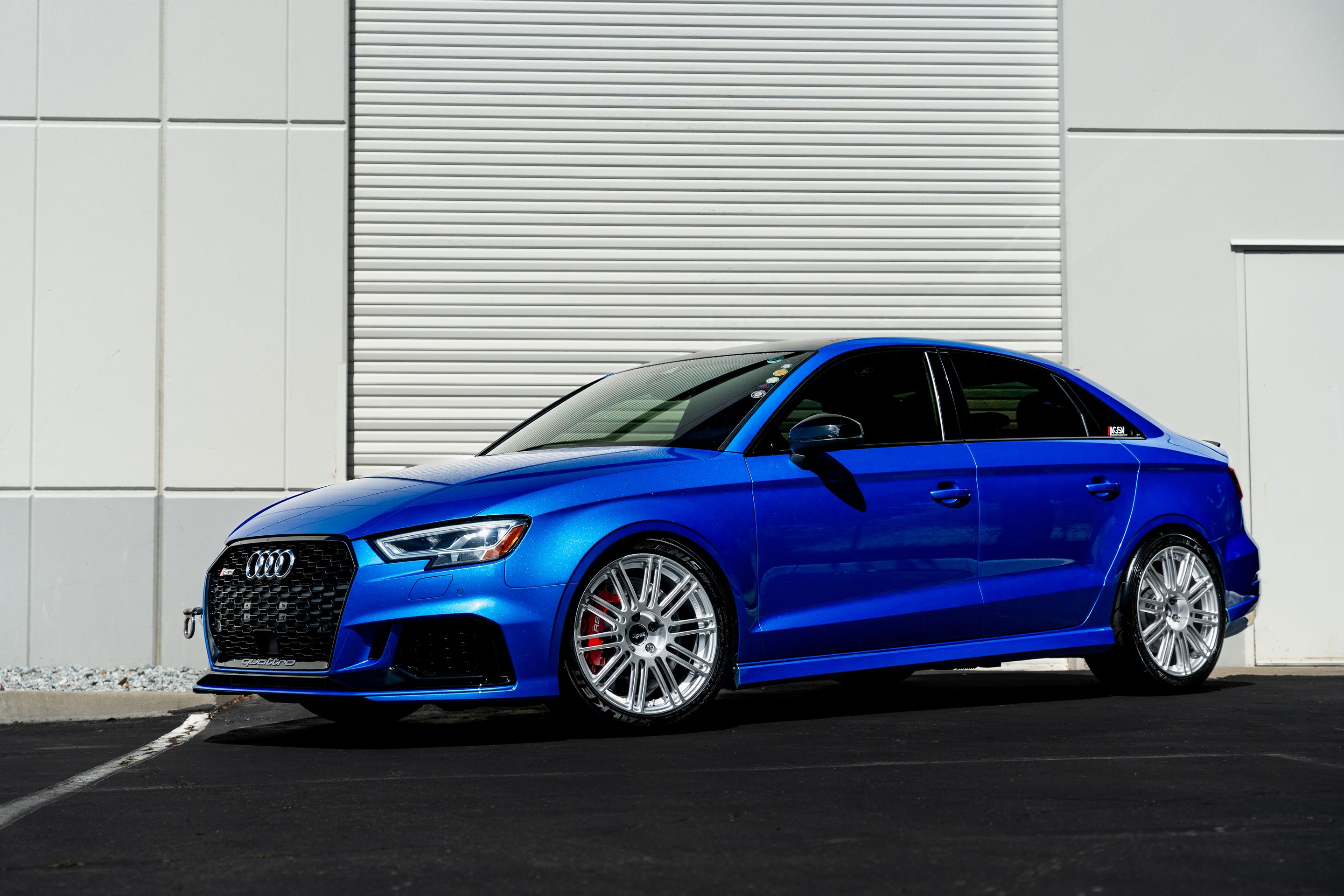 Blue Audi 8V RS 3 with 18" TC-10RT Apex wheels in Race Silver