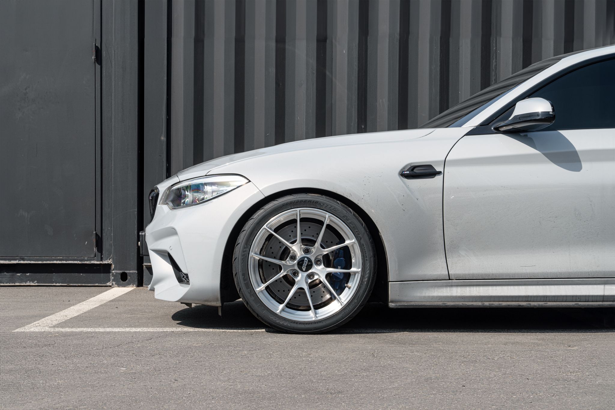 Grey BMW F87 M2 with 18" VS-5RS Apex wheels in Brushed Clear