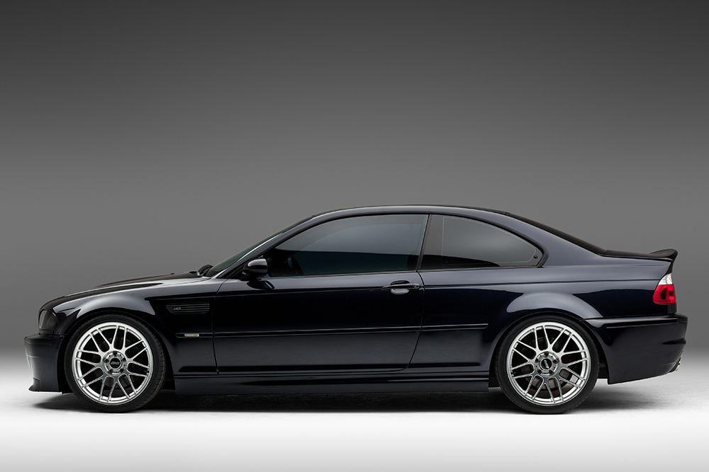 Blue BMW E46 M3 with 19" ARC-8 Apex wheels in Hyper Black