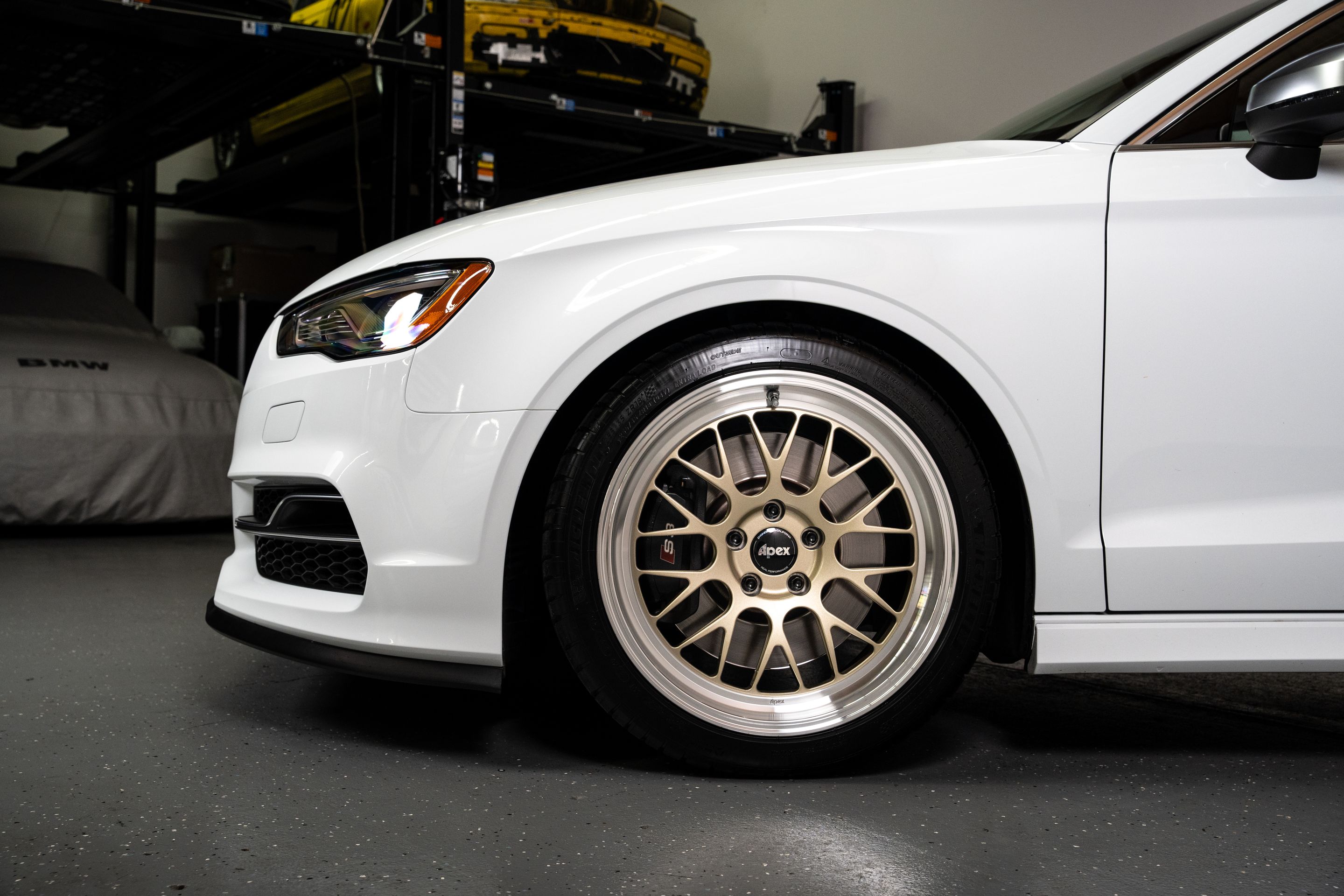 White Audi 8V S3 with 18" ML-10RT Apex wheels in Machined Lip Gloss Motorsport Gold