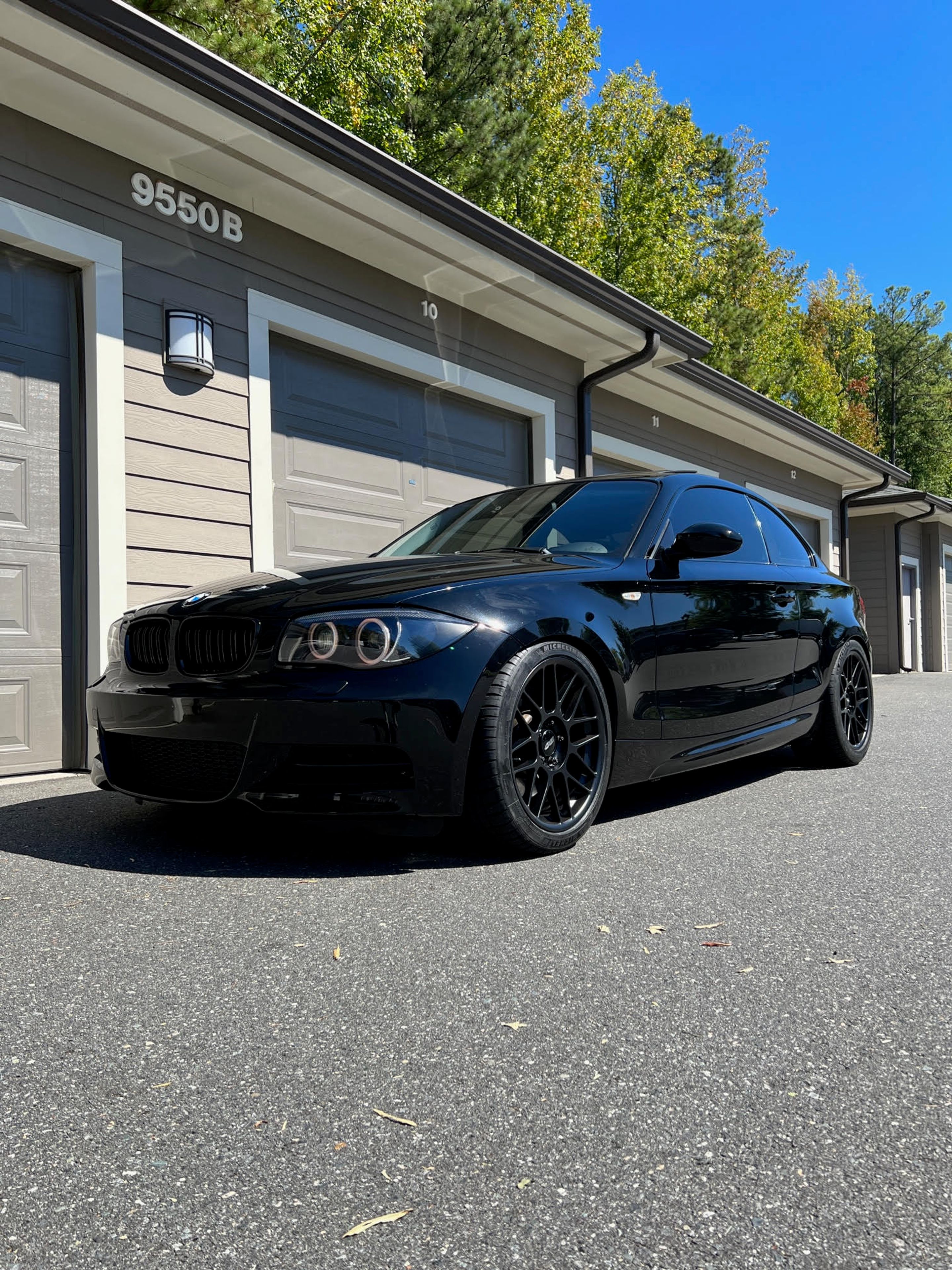 Black BMW E82 Coupe 1 Series with 18" ARC-8 Apex wheels in Satin Black