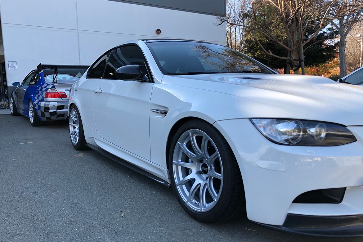 White BMW E92 Coupe M3 with 18" SM-10 Apex wheels in Race Silver