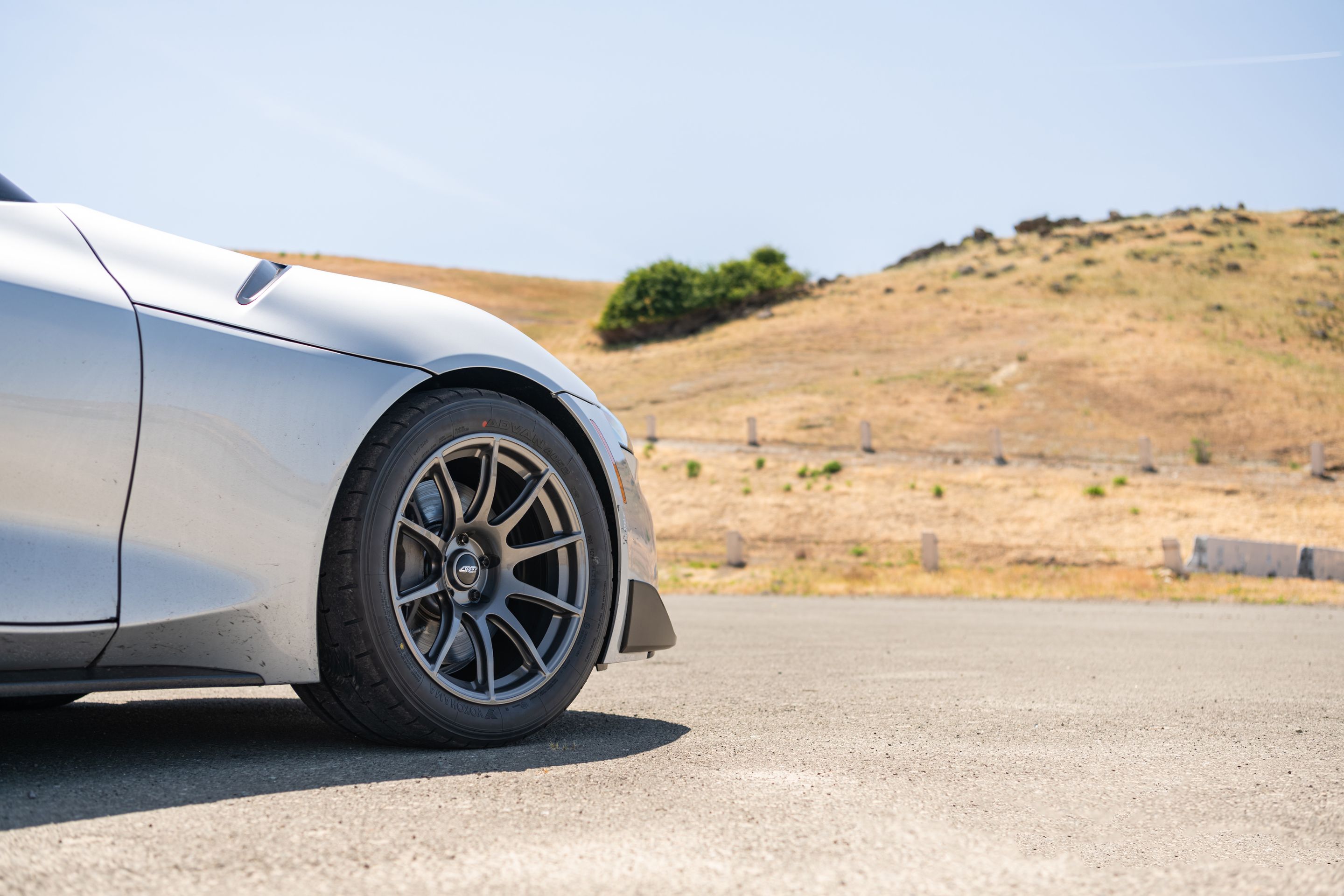 Silver Toyota GR Supra with 18" SM-10 Apex wheels in Anthracite