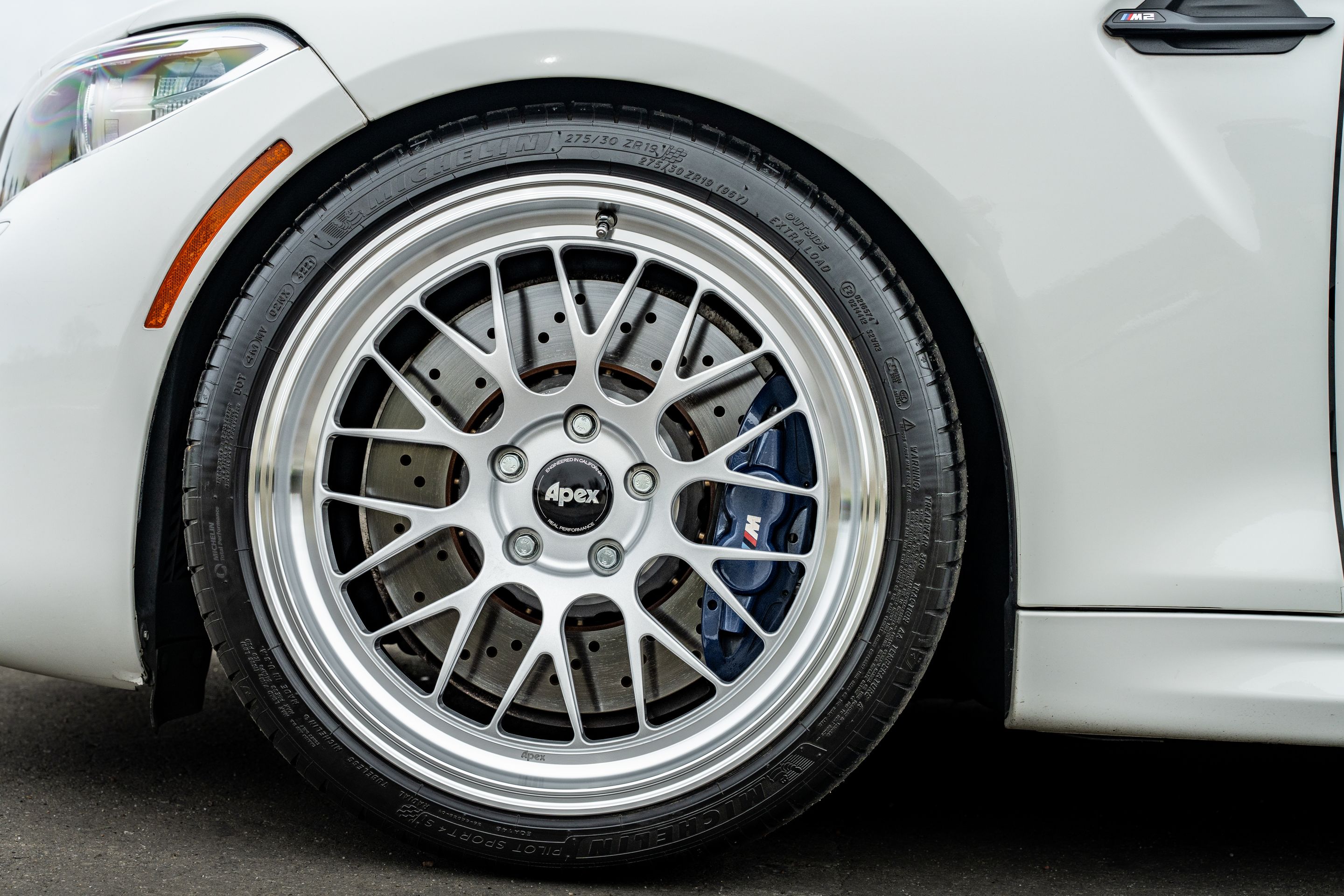 White BMW F87 M2 with 19" ML-10RT Apex wheels in Machined Lip Race Silver