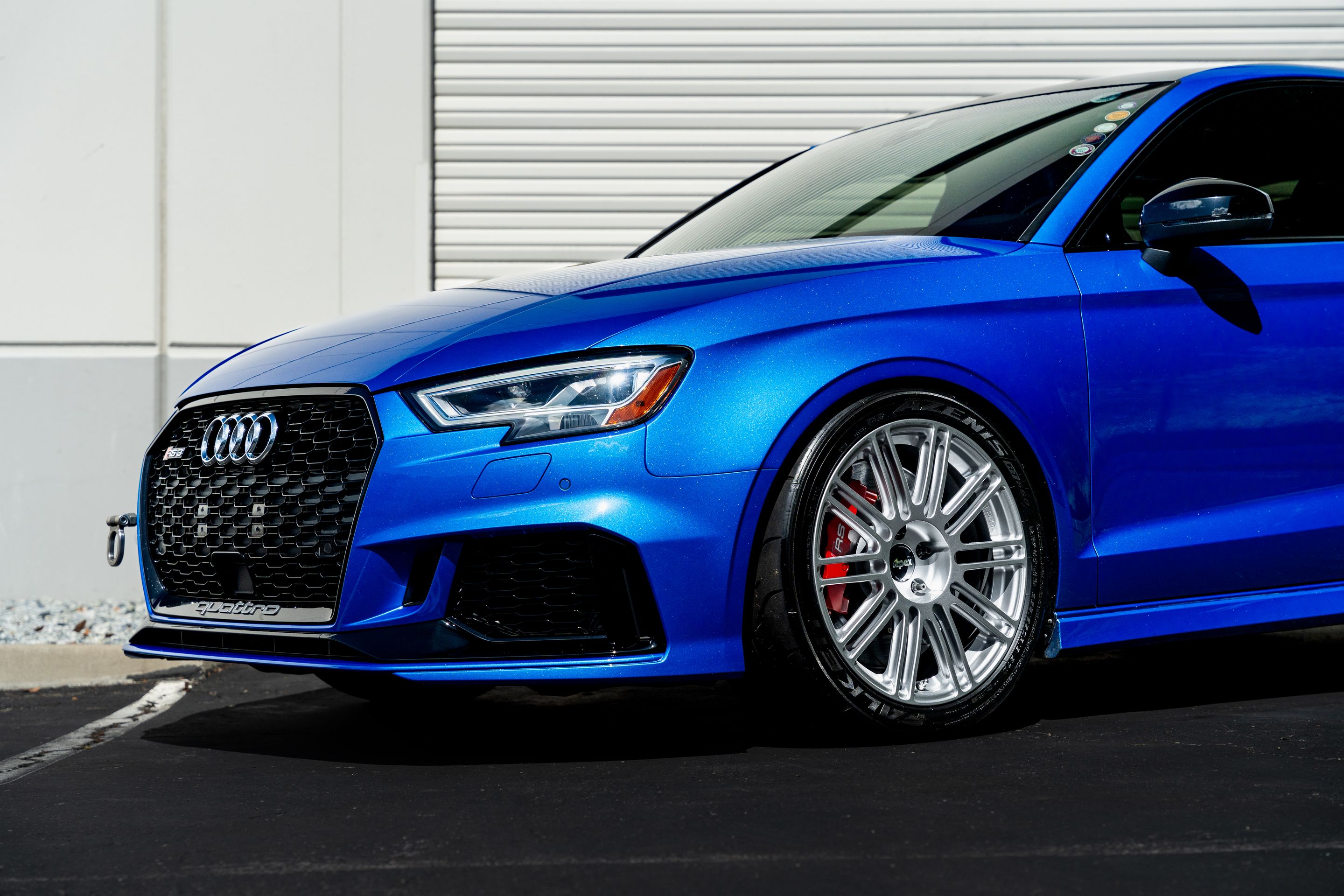 Blue Audi 8V RS 3 with 18" TC-10RT Apex wheels in Race Silver