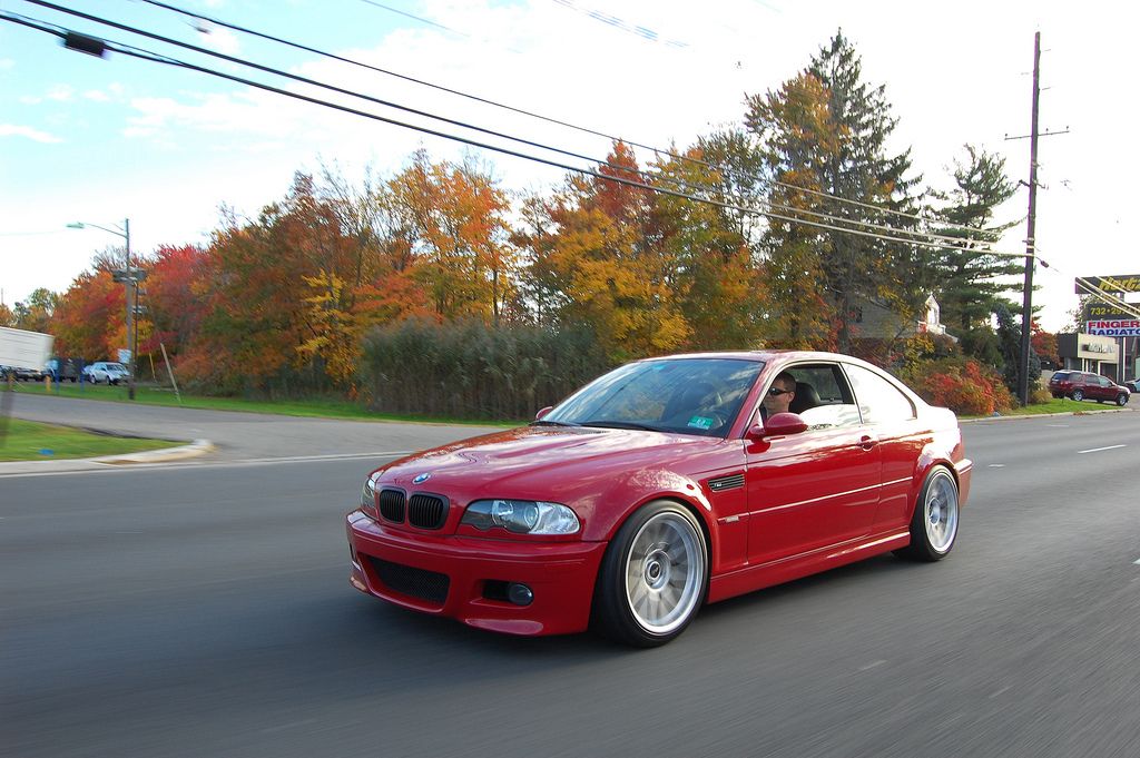 Red BMW E46 M3 with 18" ARC-8 Apex wheels in Hyper Silver