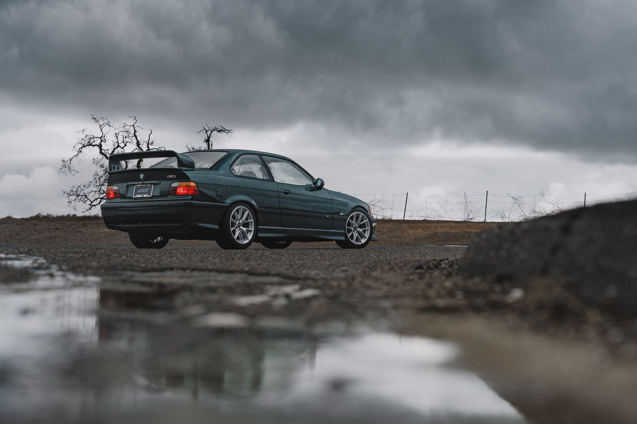 Green BMW E36 M3 with 17" VS-5RS Apex wheels in Brushed Clear