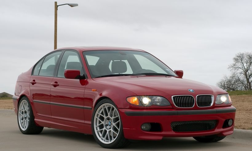 Red BMW E46 3 Series with 18" ARC-8 Apex wheels in Hyper Silver