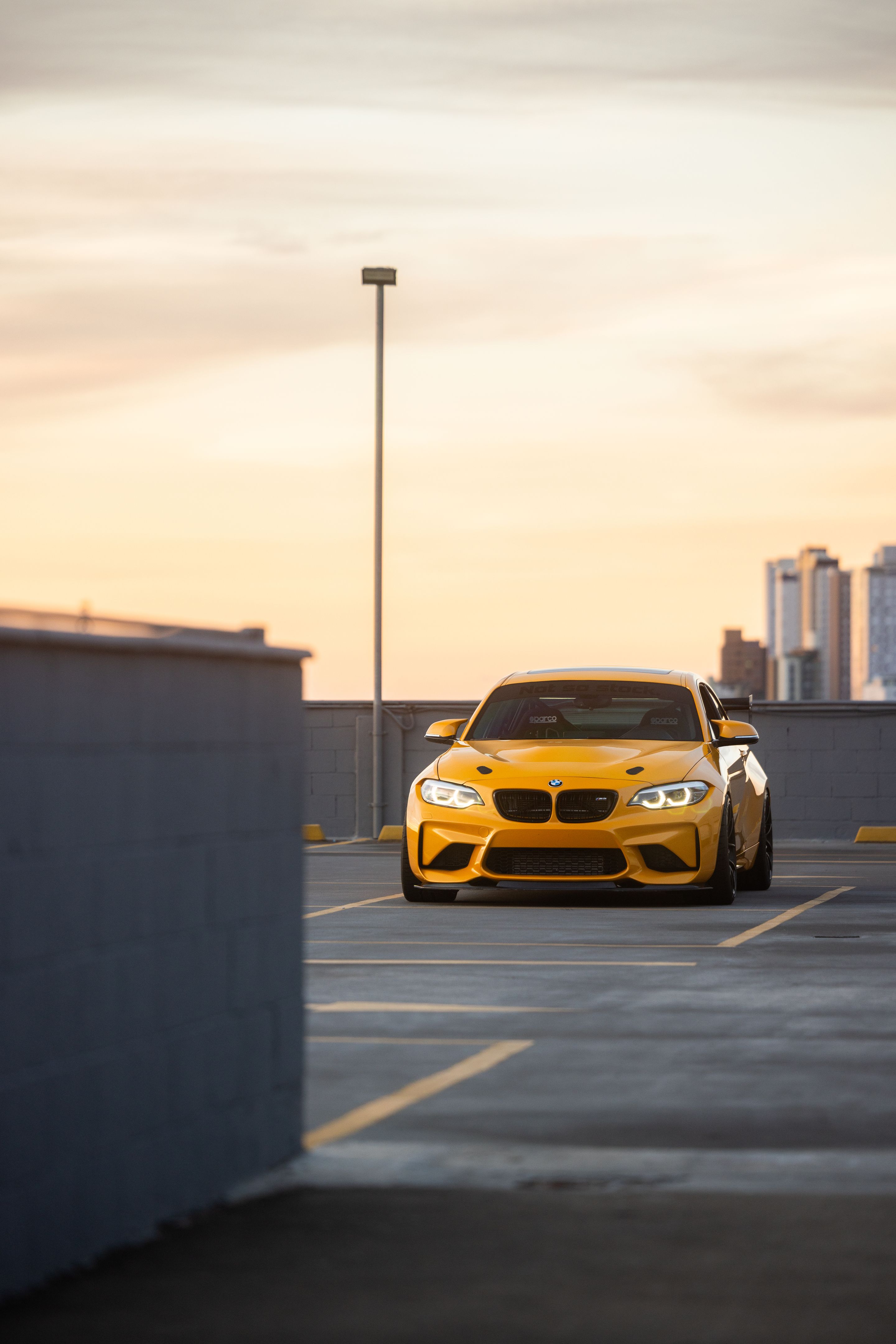 Yellow BMW F87 M2 with 19" VS-5RS Apex wheels in Satin Black