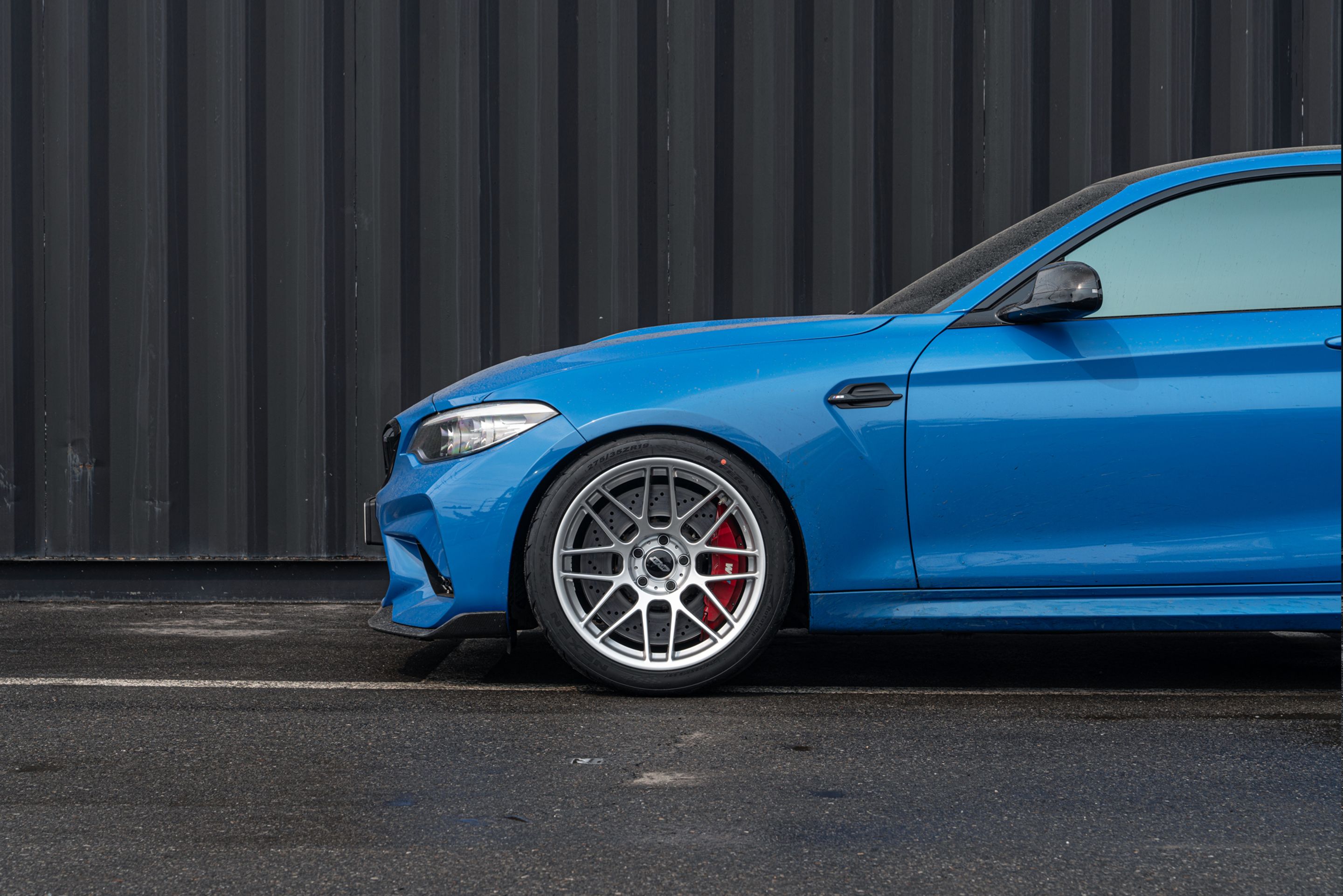 Blue BMW F87 M2 with 19" ARC-8 Apex wheels in Hyper Silver