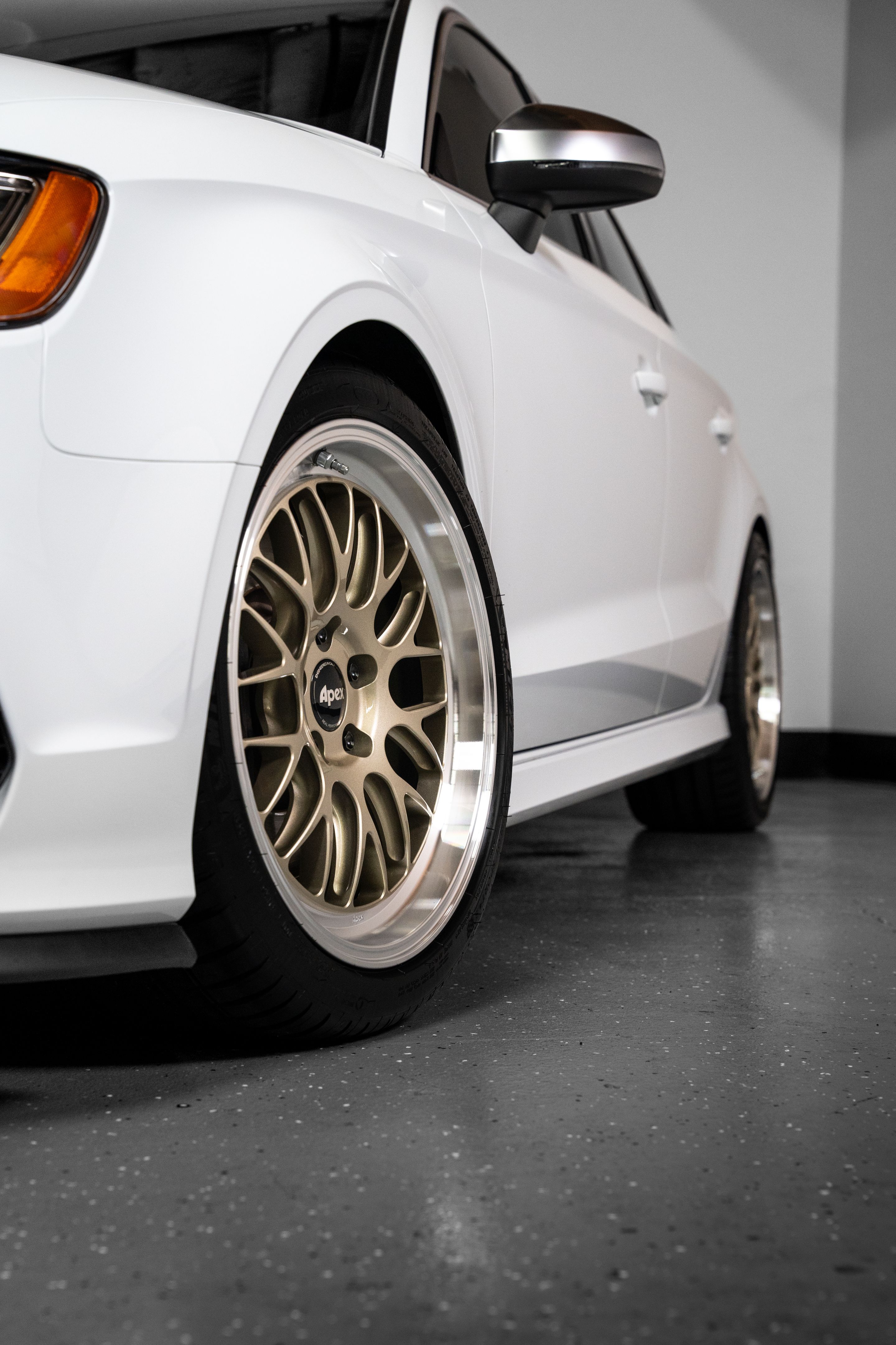 White Audi 8V S3 with 18" ML-10RT Apex wheels in Machined Lip Gloss Motorsport Gold