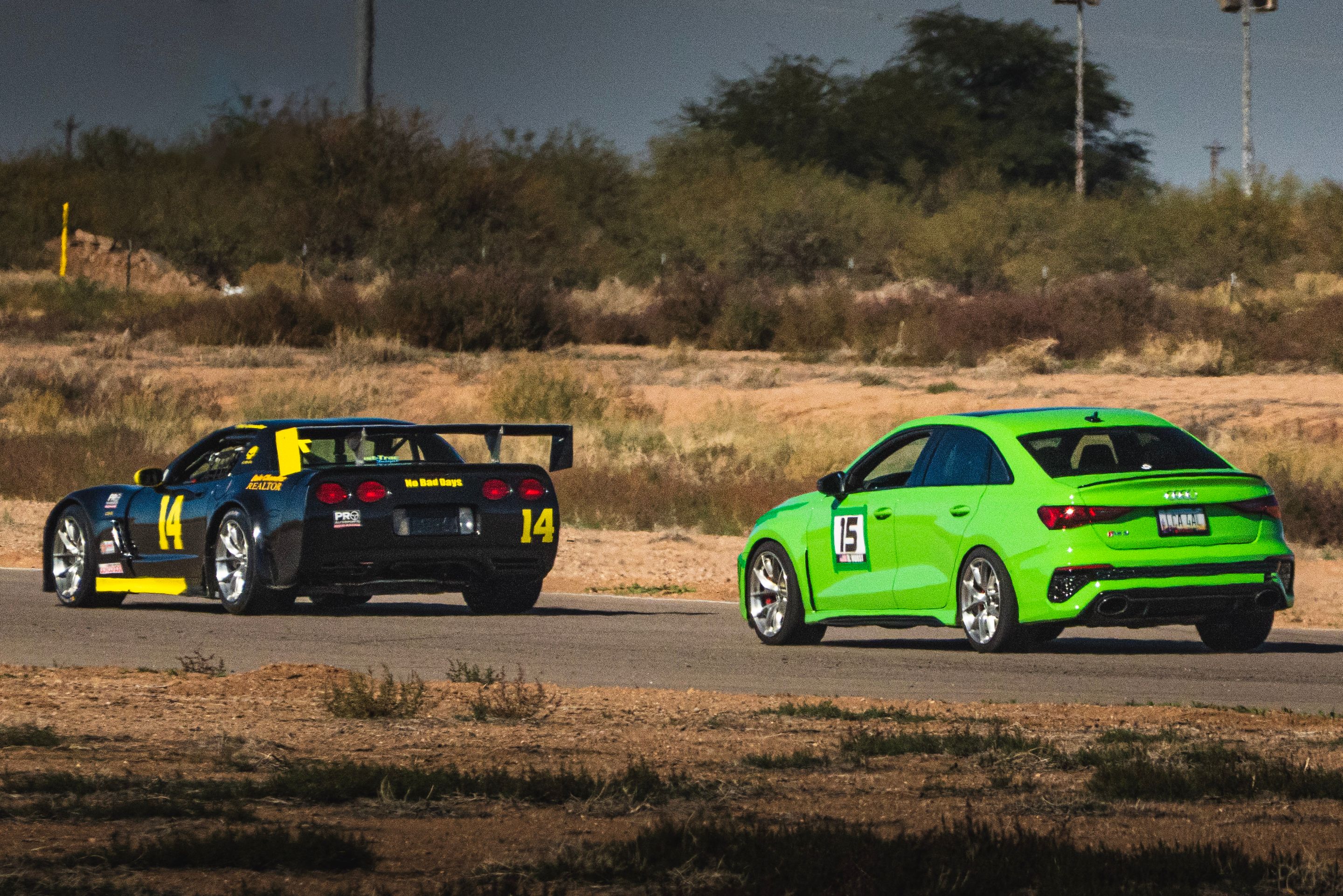 Green Audi 8Y RS 3 with 18" VS-5RS Apex wheels in Brushed Clear