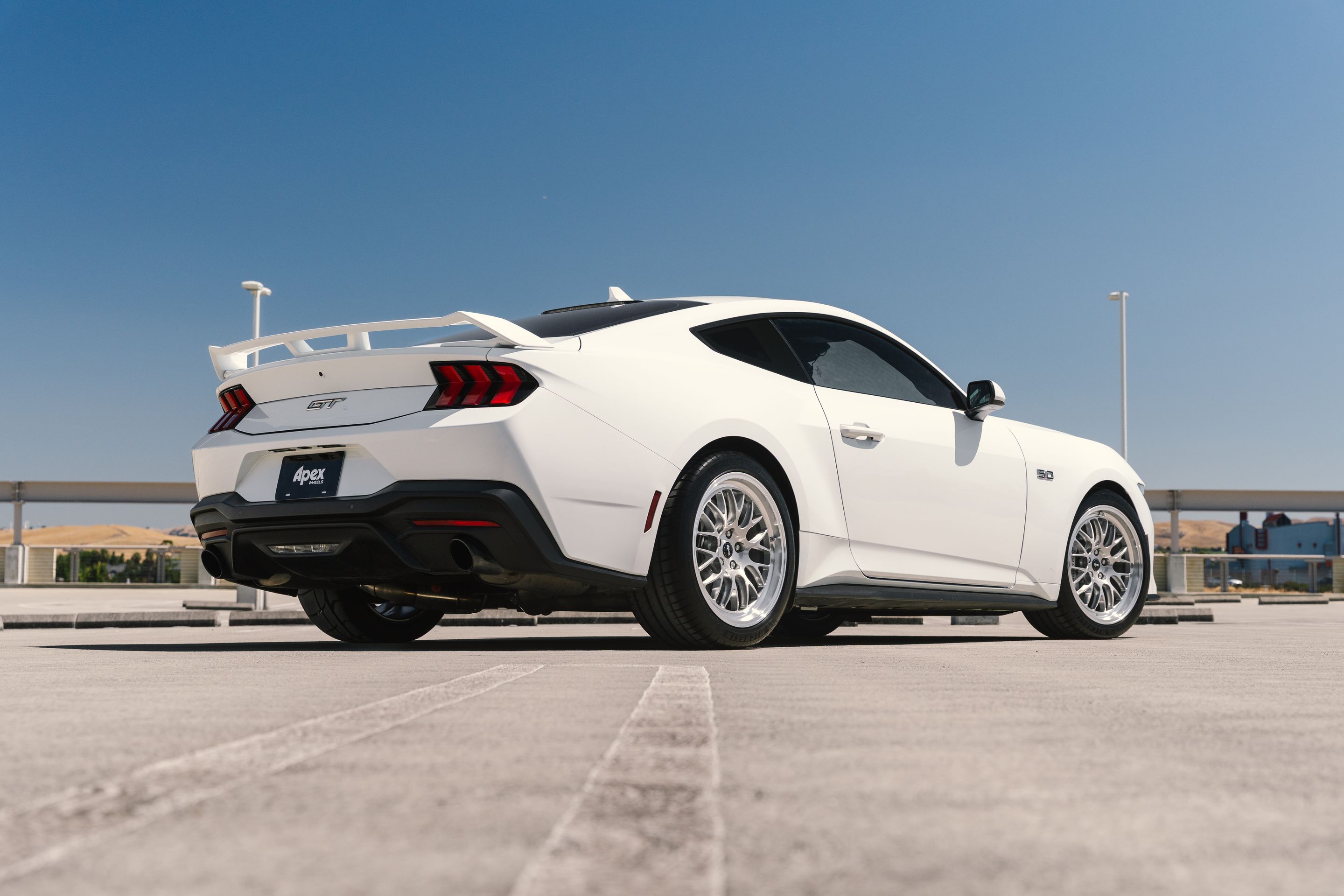 White Ford S650 Mustang GT with 19" ML-10RT Apex wheels in Machined Lip Brushed Clear