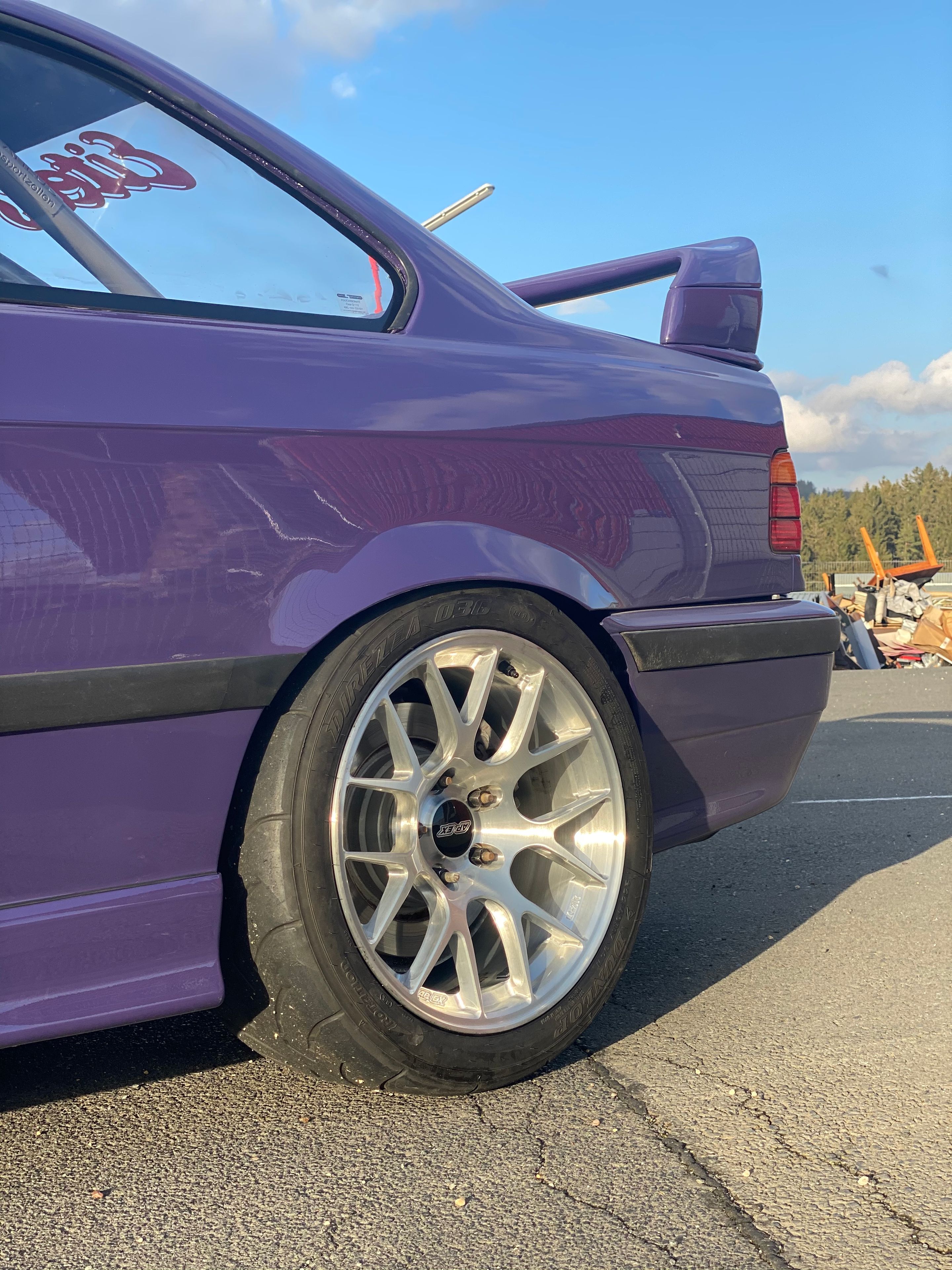 Purple BMW E36 M3 with 17" EC-7R Apex wheels in Brushed Clear