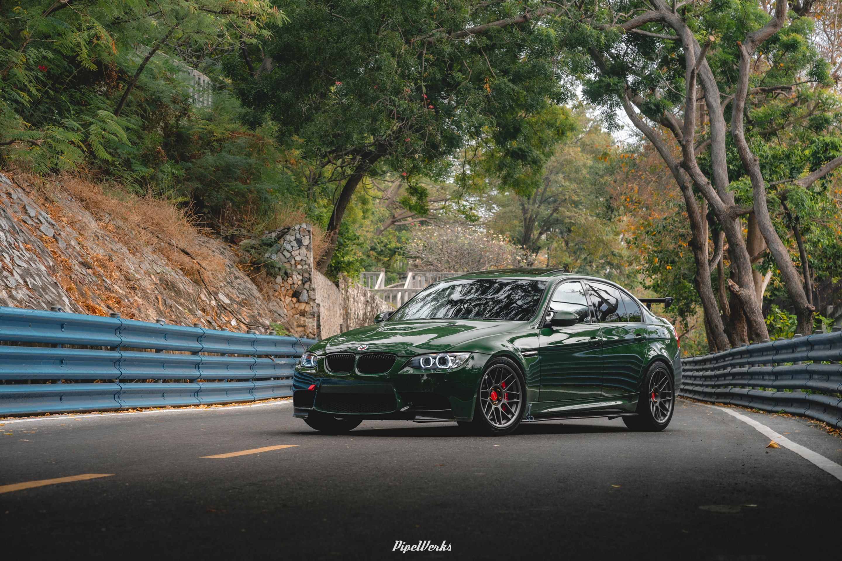 Green BMW E90 Sedan 3 Series with 18" ARC-8 Apex wheels in Anthracite