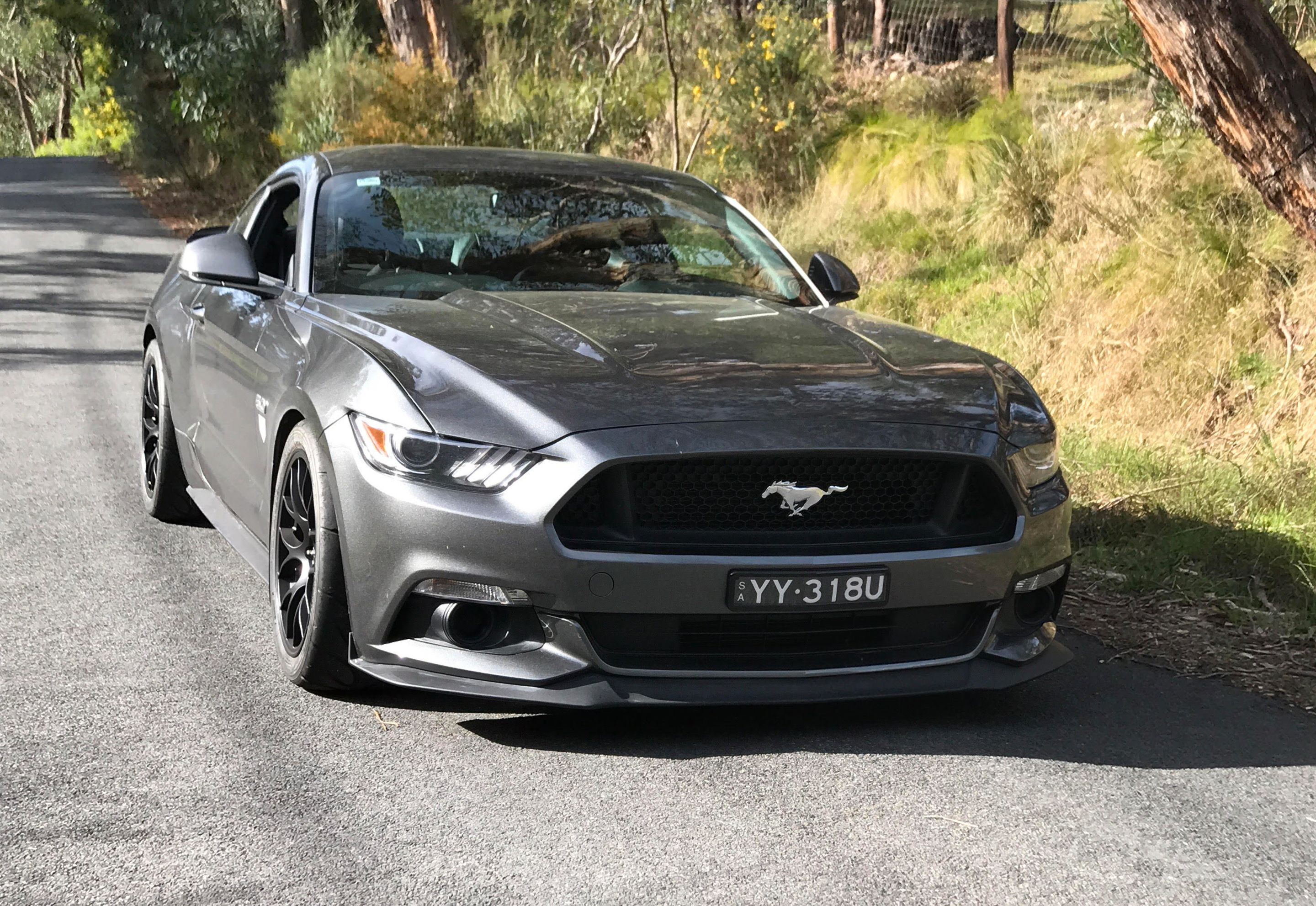 Grey Ford S550 Mustang GT with 18" EC-7 Apex wheels in Satin Black