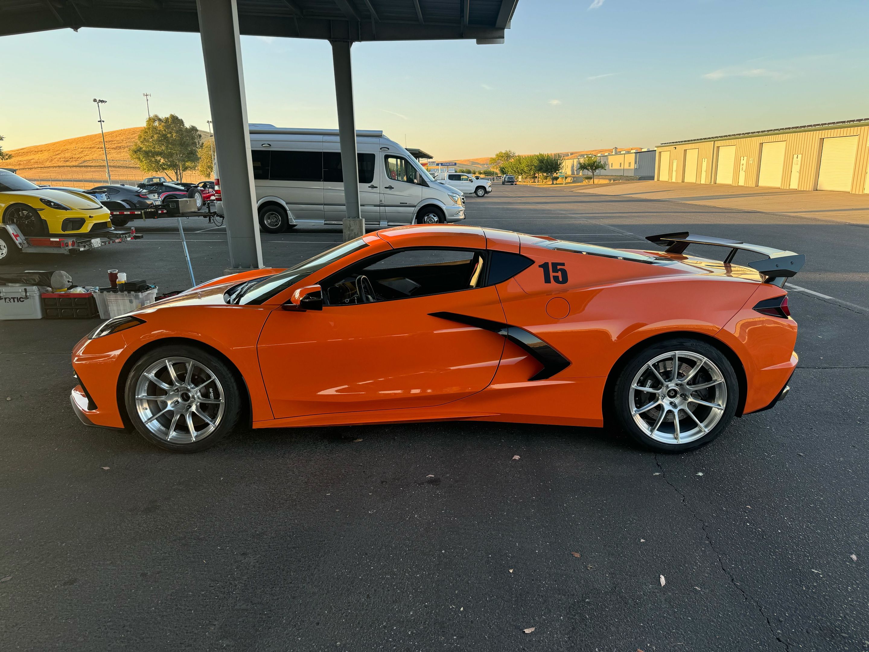 Orange Chevrolet C8 Corvette Stingray/Z51 with 18"/19" SM-10RS Apex wheels in Brushed Clear