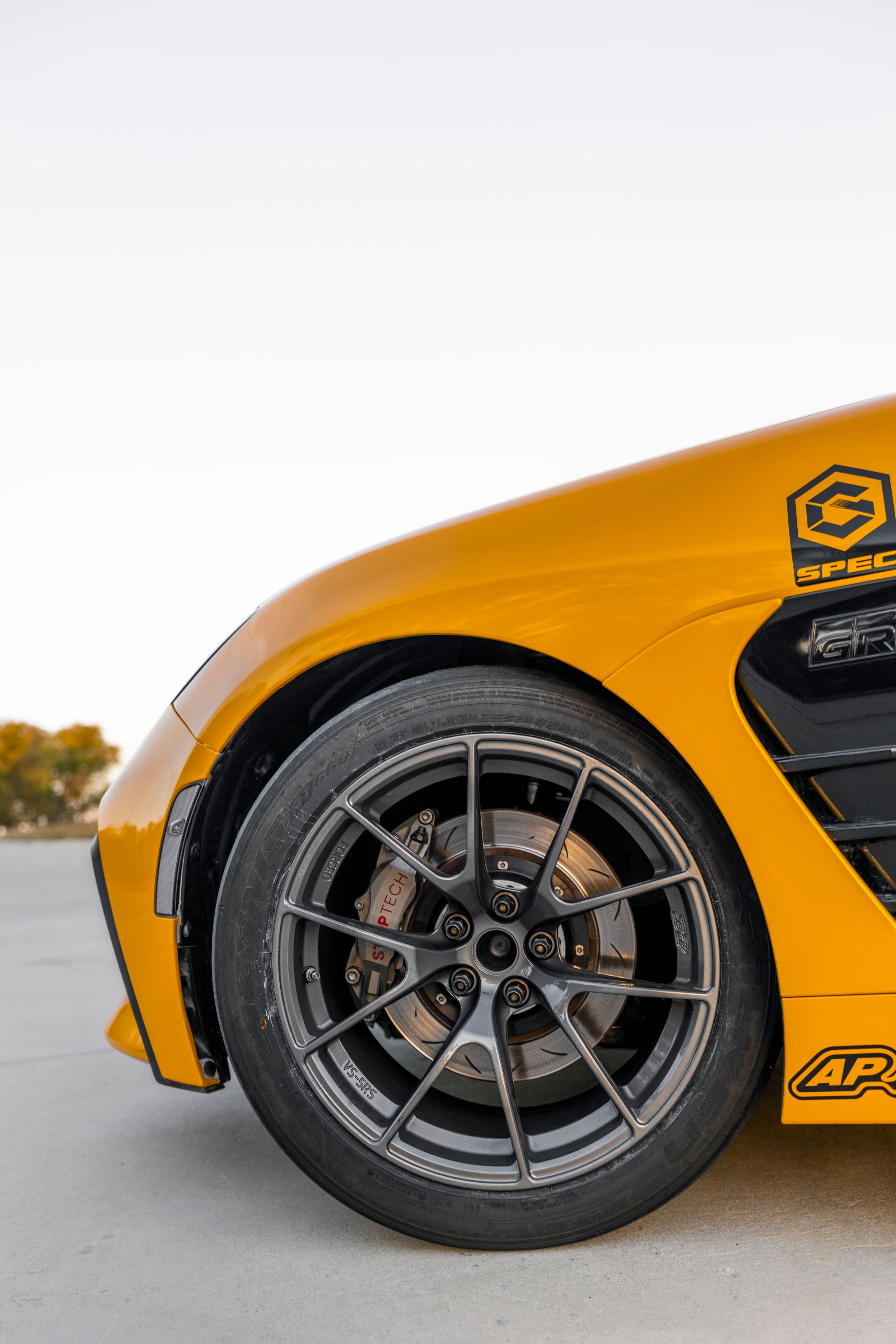 Yellow Toyota GR86 with 17" VS-5RS Apex wheels in Anthracite