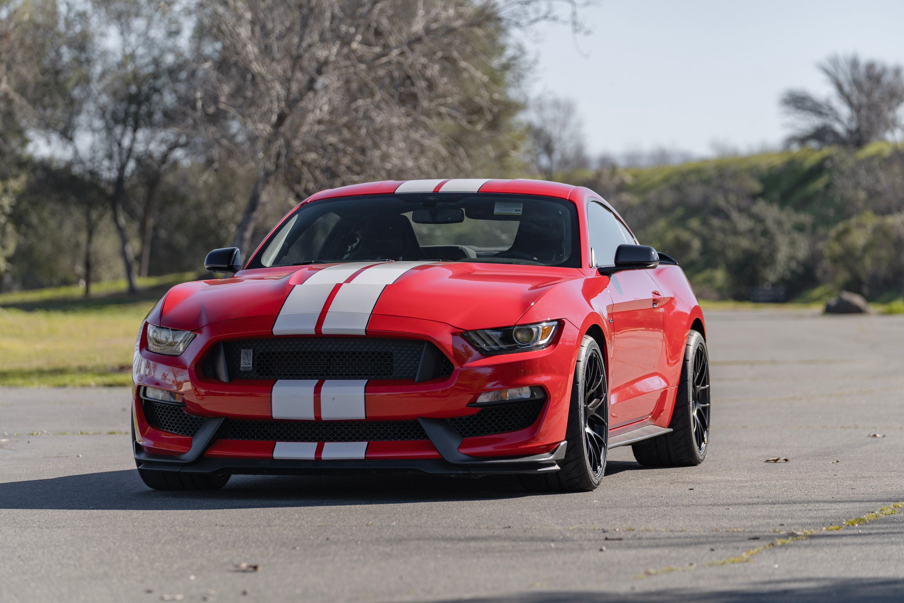 Red Ford S550 Mustang GT350 with 19" EC-7RS Apex wheels in Satin Black