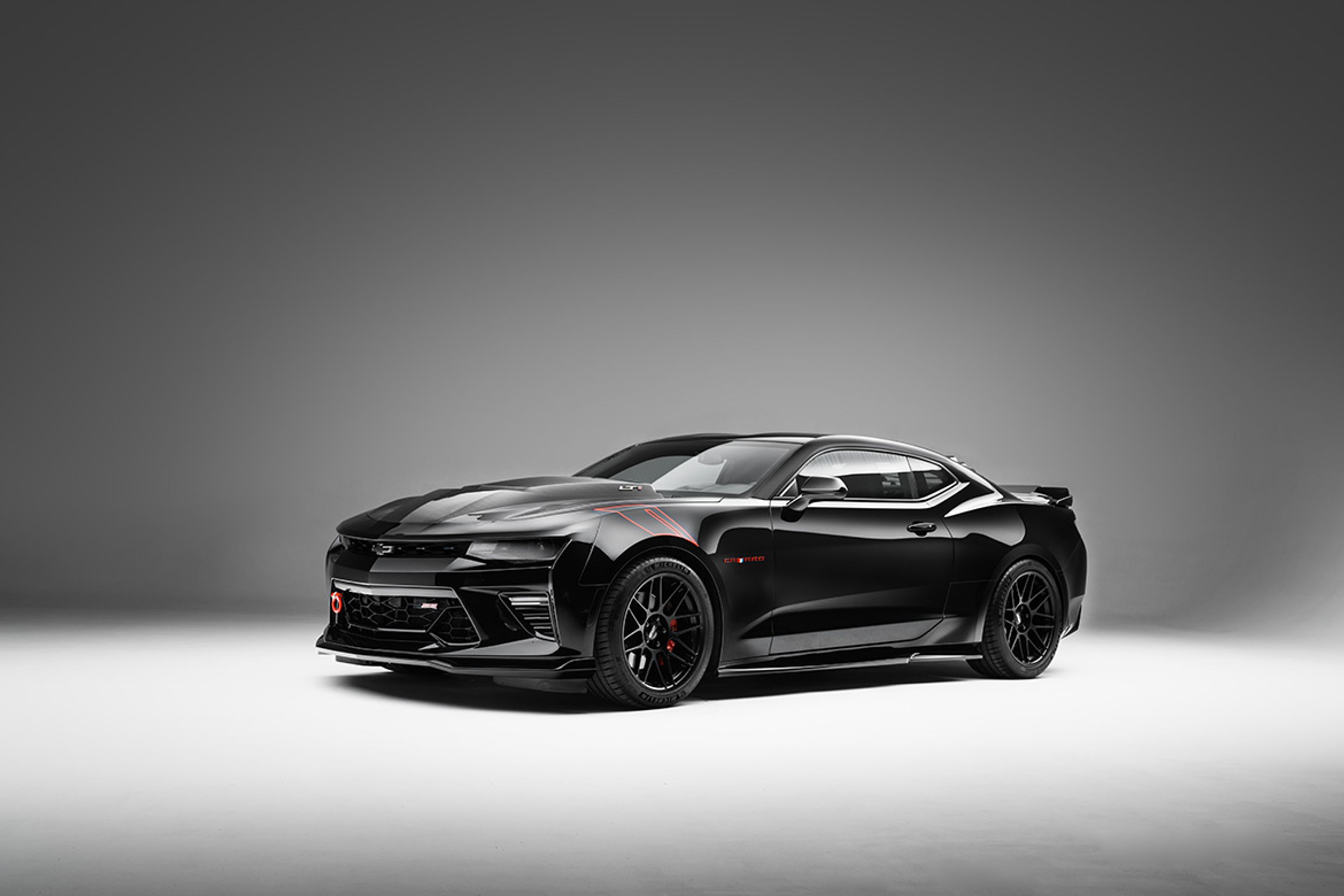 Black Chevrolet 6th Gen Camaro SS with 19" ARC-8 Apex wheels in Satin Black