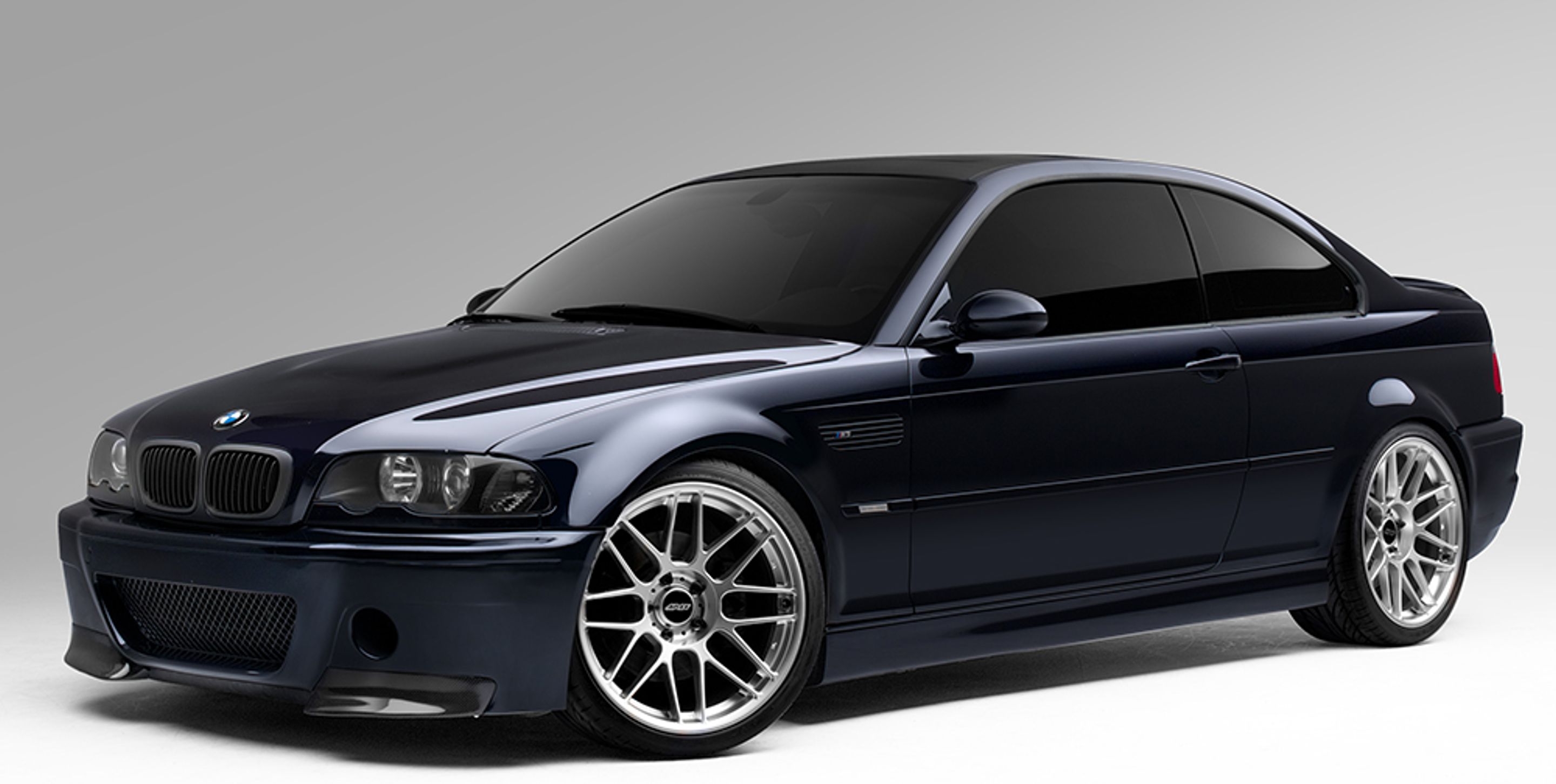 Blue BMW E46 M3 with 19" ARC-8 Apex wheels in Hyper Black