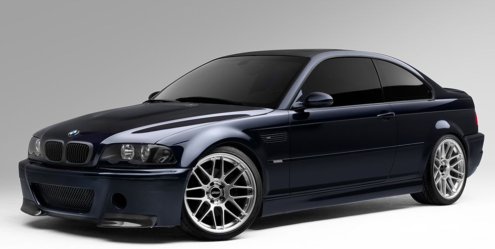 Blue BMW E46 M3 with 19" ARC-8 Apex wheels in Hyper Black