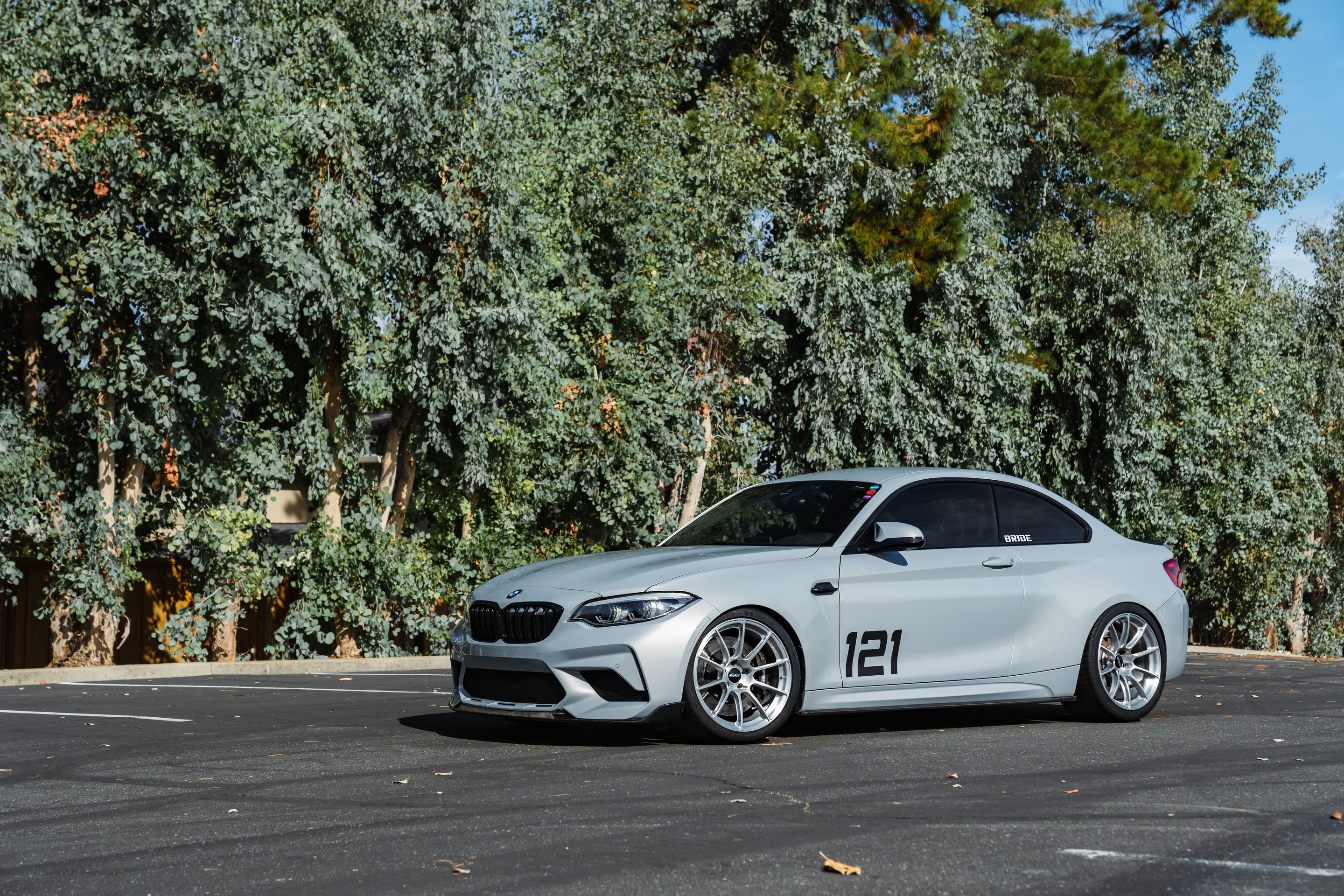 Silver BMW F87 M2 with 19" SM-10RS Apex wheels in Brushed Clear