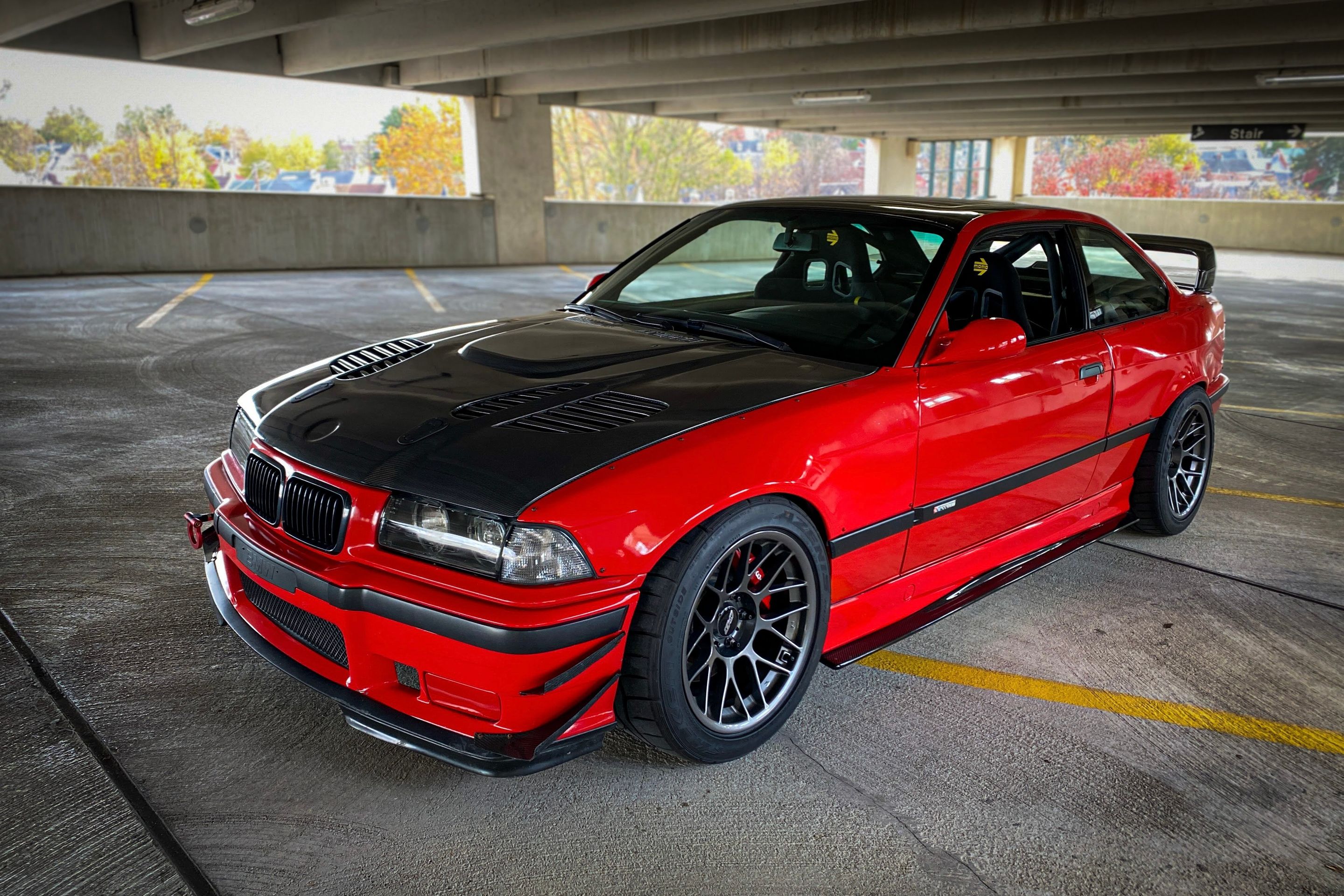 Red BMW E36 M3 with 17" ARC-8 Apex wheels in Anthracite