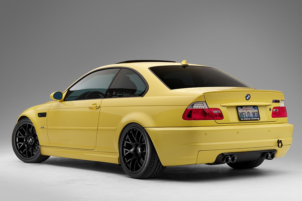 Yellow BMW E46 M3 with 19" EC-7 Apex wheels in Satin Black