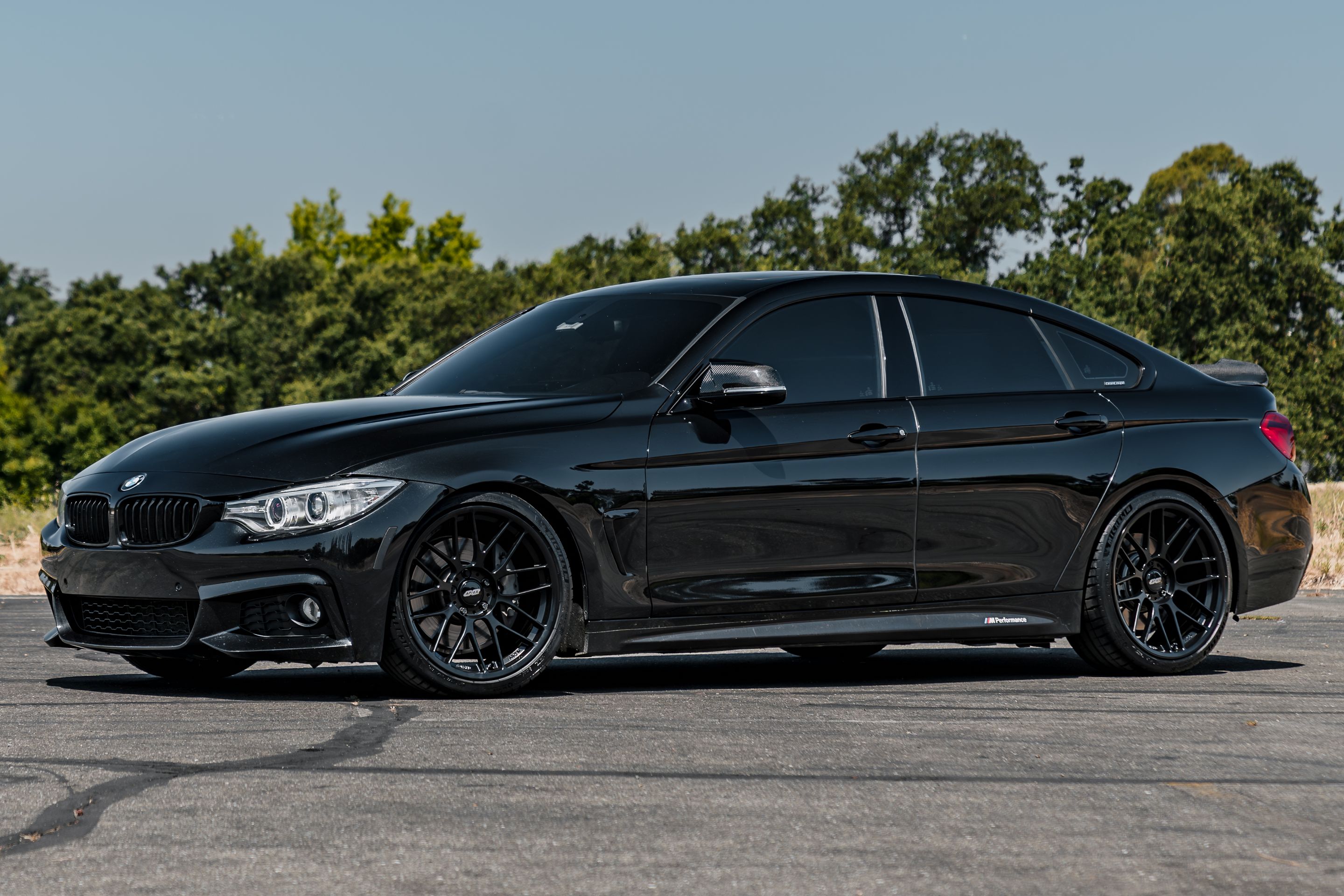 Black BMW F36 Gran Coupe 4 Series with 19" ARC-8RT Apex wheels in Satin Black