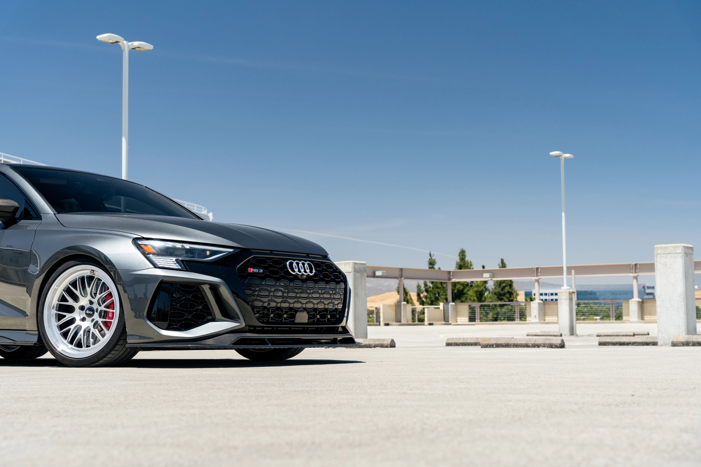 Grey Audi 8Y RS 3 with 19" ML-10RT Apex wheels in Machined Lip Race Silver