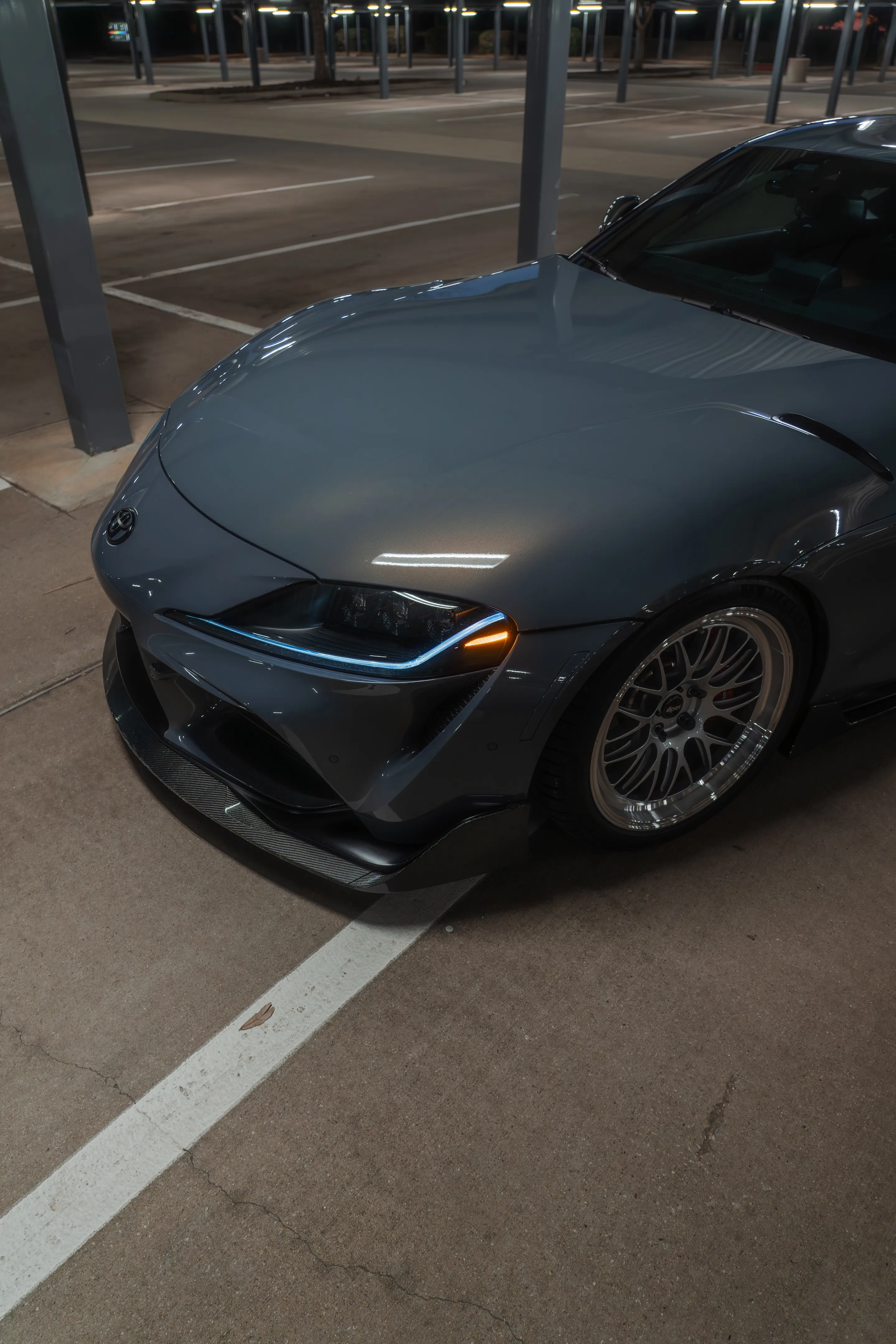 Grey Toyota GR Supra with 19" ML-10RT Apex wheels in Machined Lip Race Silver