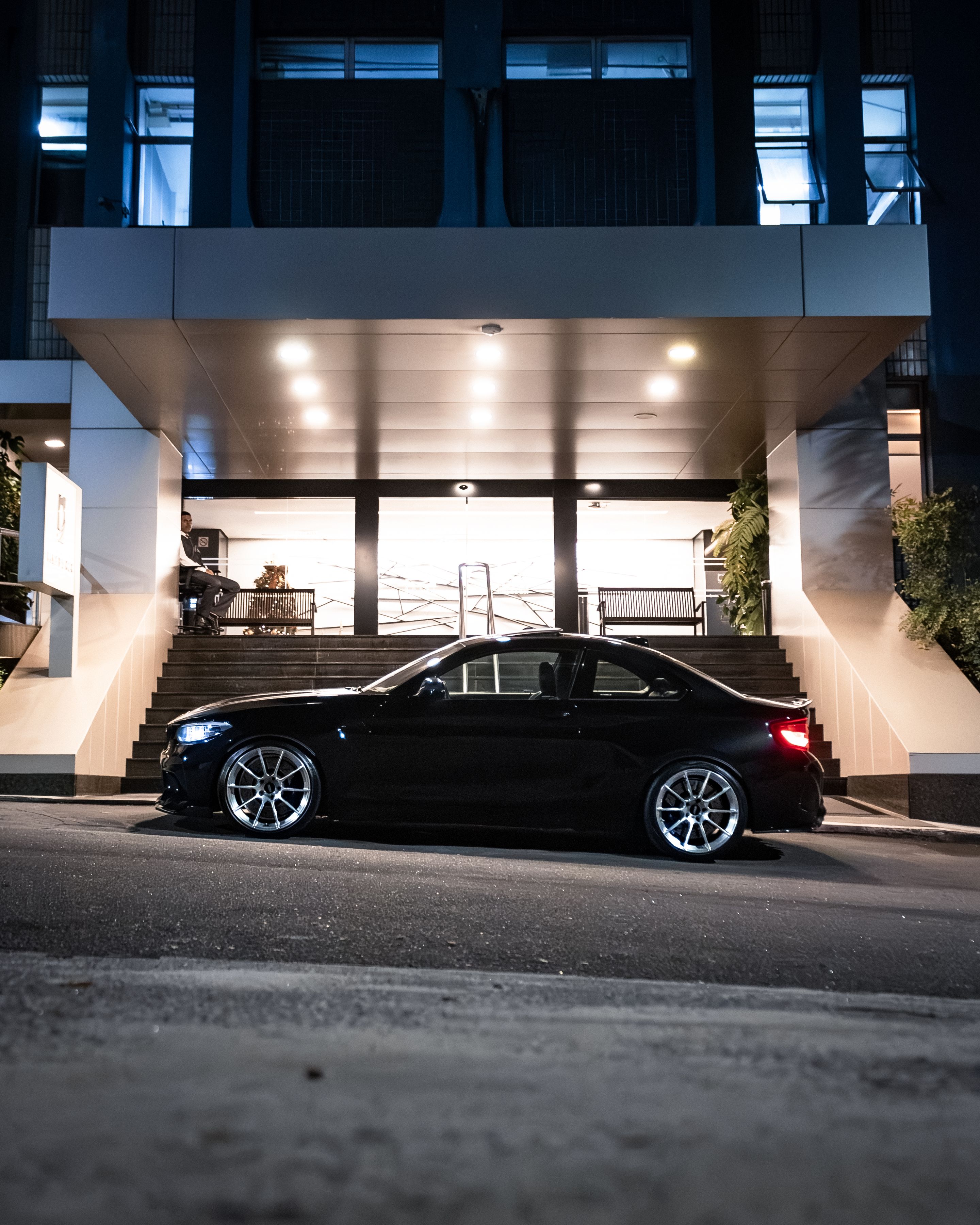 Black BMW F87 M2 with 19" SM-10RS Apex wheels in Brushed Clear