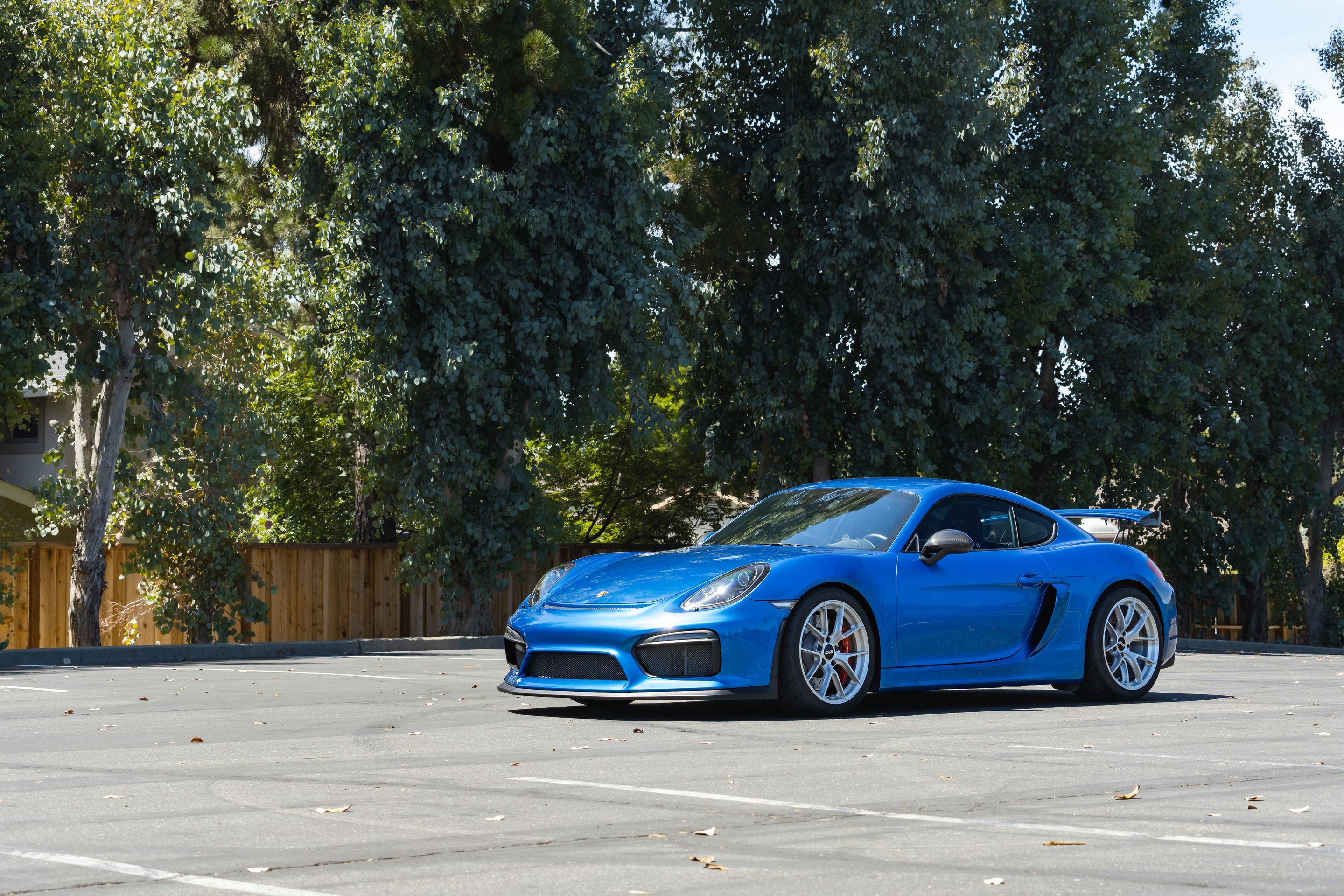 Blue Porsche 981 Cayman GT4 with 19" VS-5RS Apex wheels in Brushed Clear