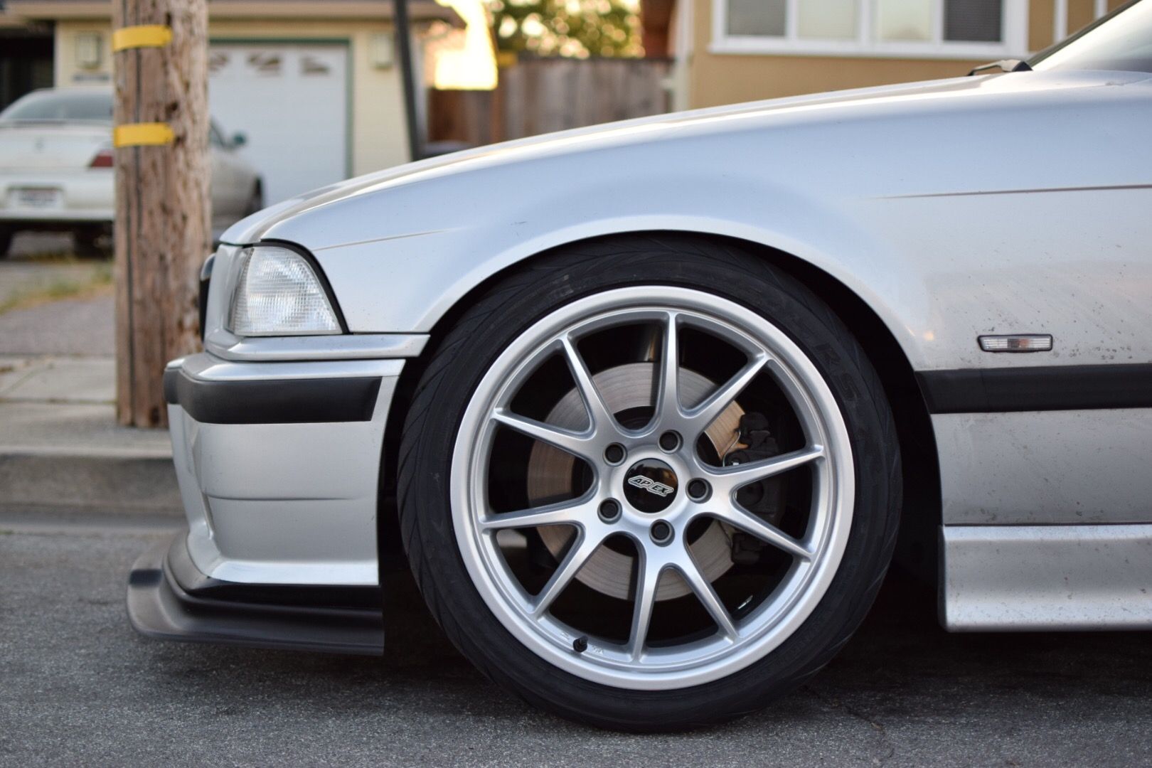 Silver BMW E36 M3 with 18" FL-5 Apex wheels in Race Silver