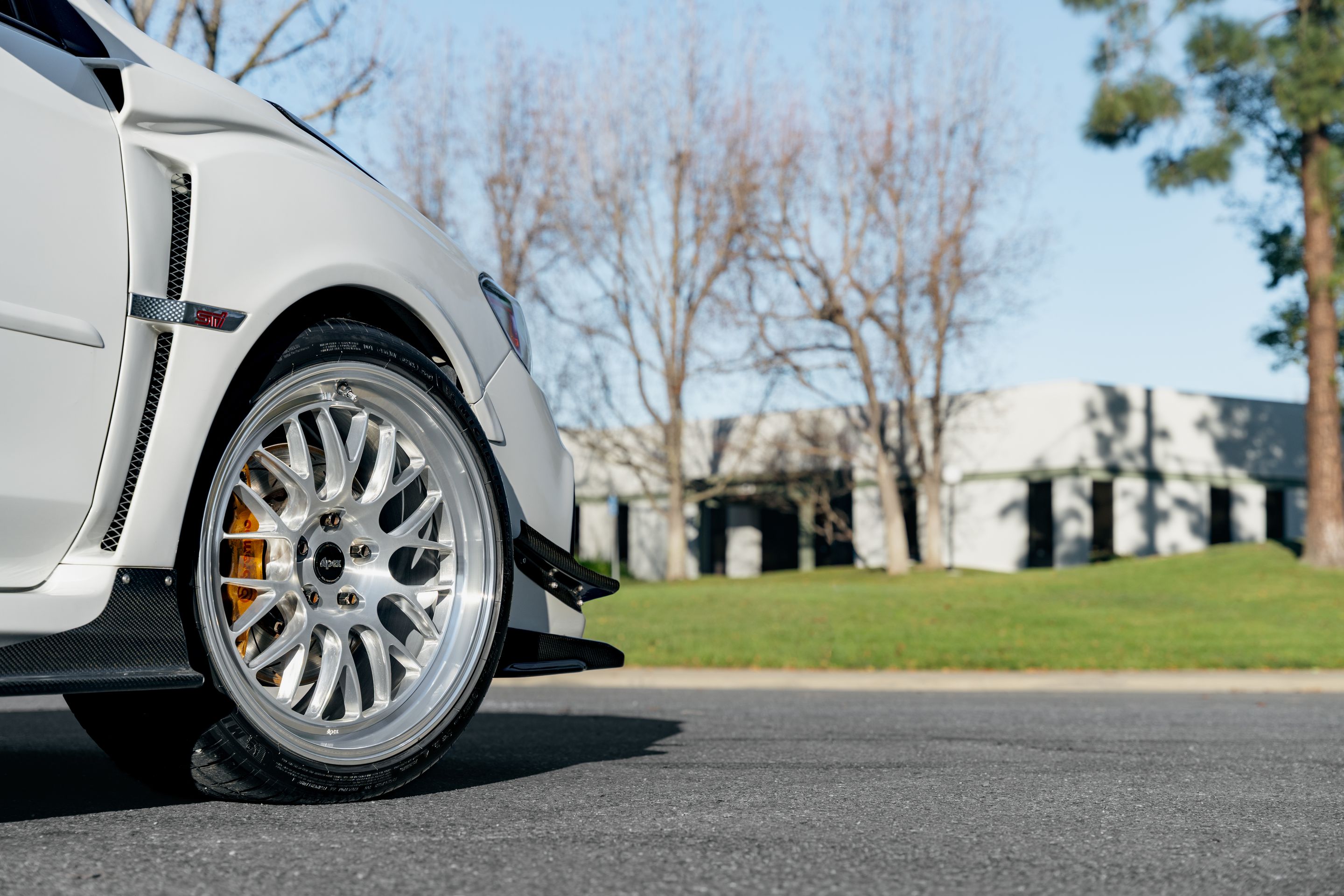 White Subaru VA WRX STI with 19" ML-10RT Apex wheels in Machined Lip Brushed Clear
