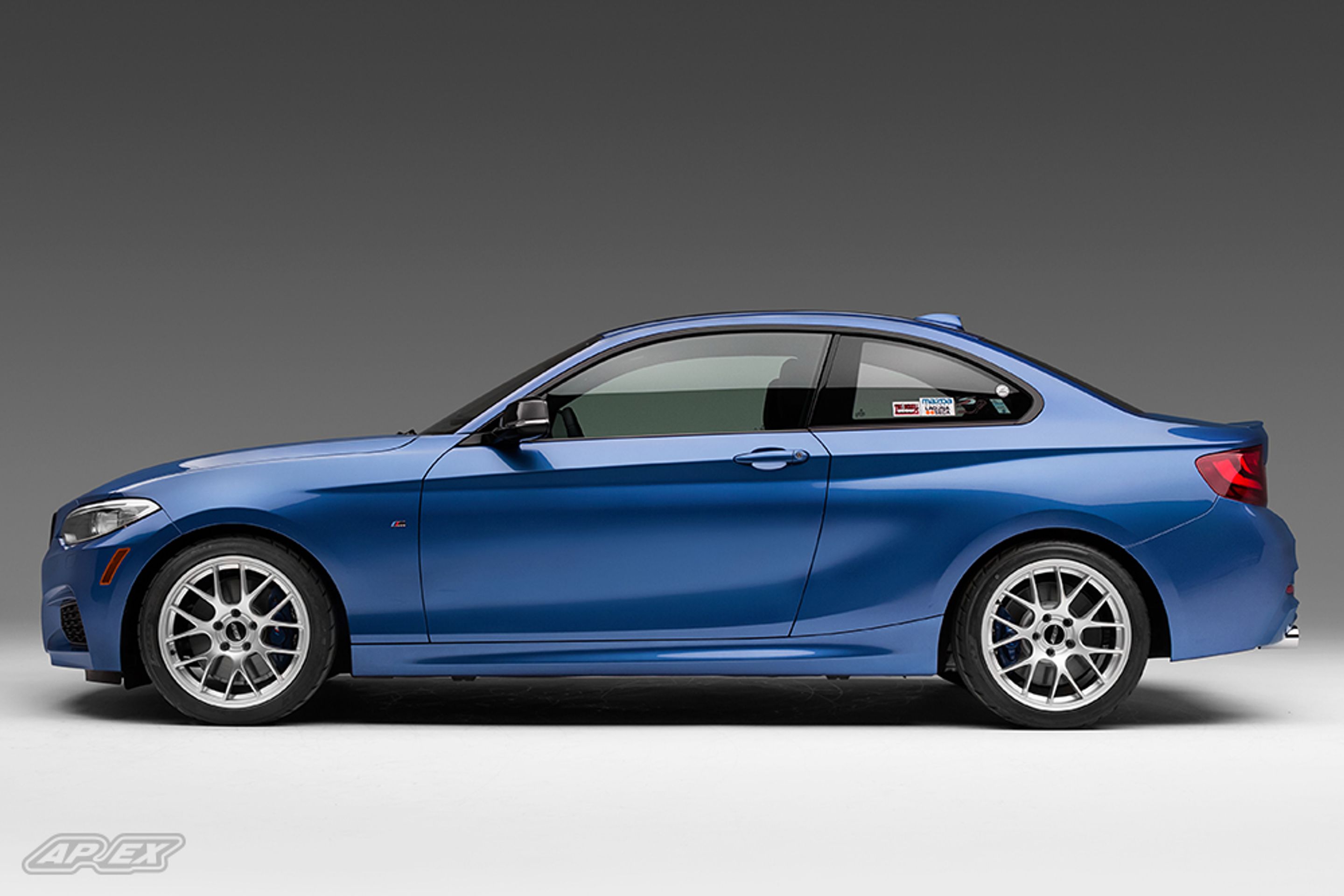 Blue BMW F22 Coupe 2 Series with 18" EC-7 Apex wheels in Race Silver