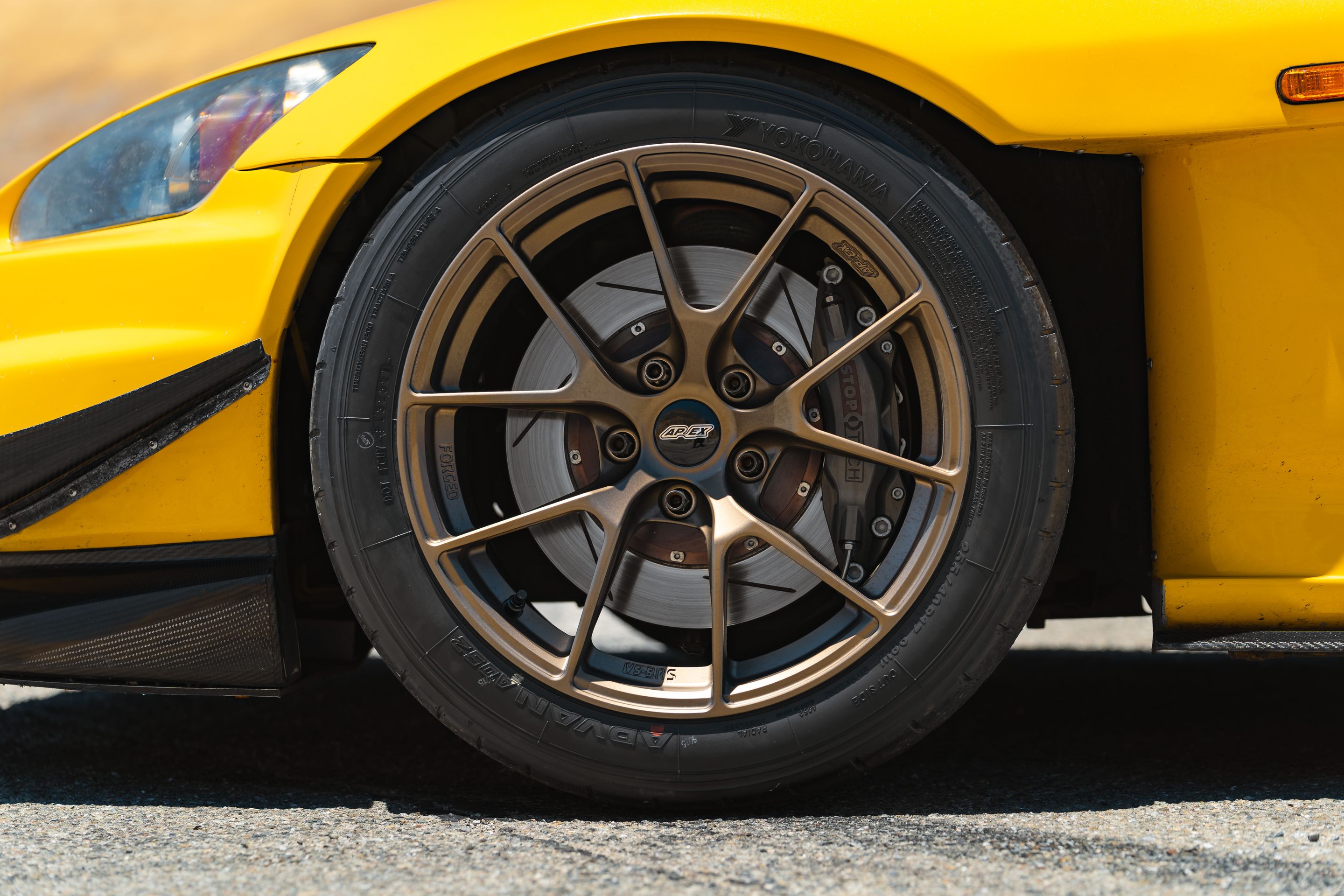 Yellow Honda S2000 with 17" VS-5RS Apex wheels in Satin Bronze