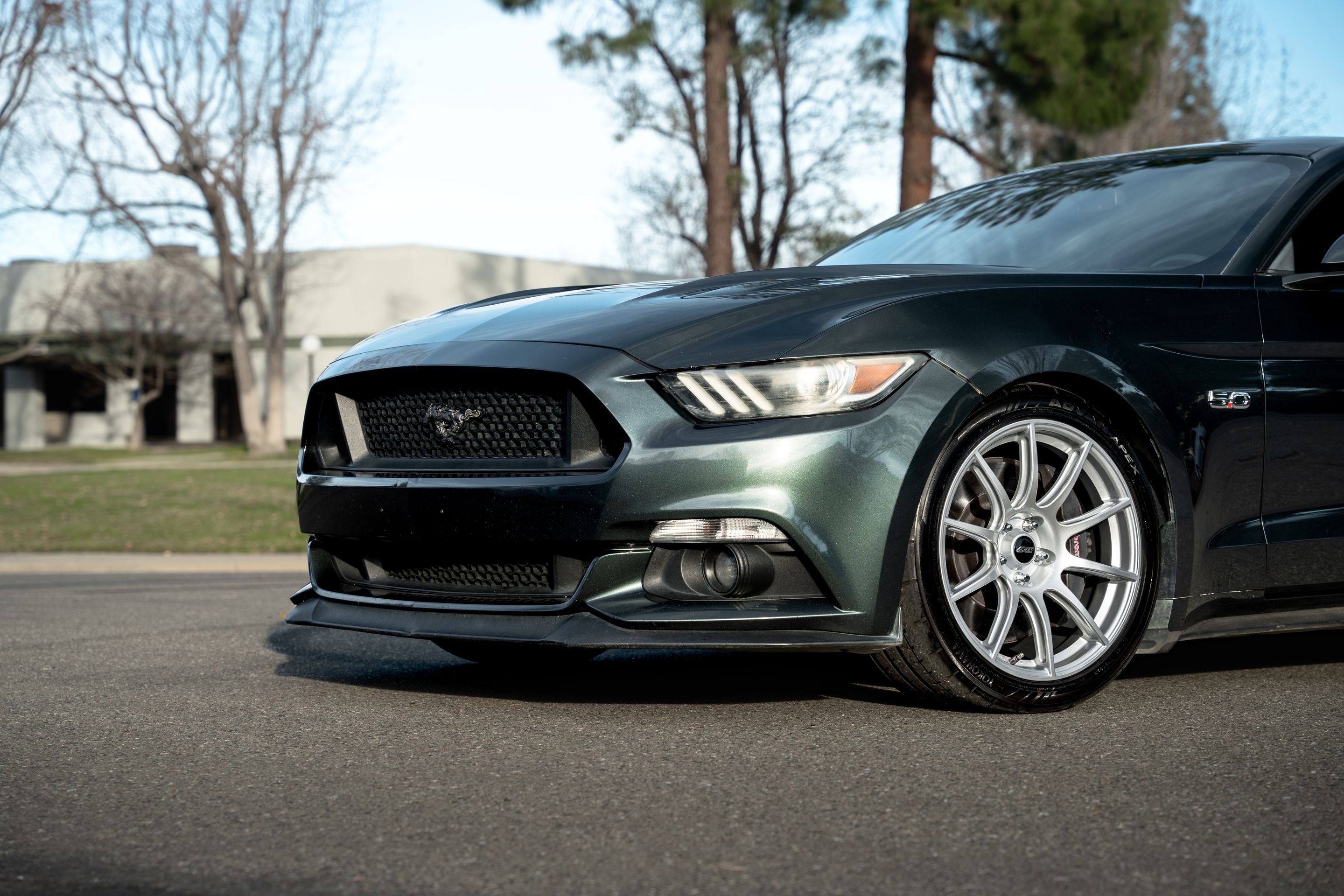 Green Ford S550 Mustang GT with 19" SM-10 Apex wheels in Race Silver