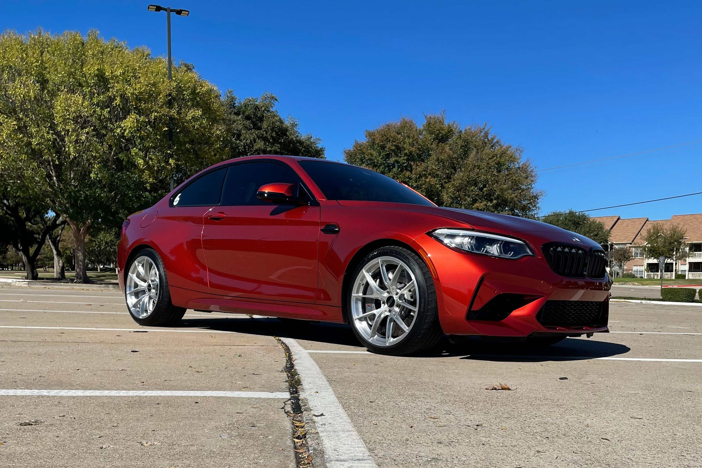 Orange BMW F87 M2 with 19" VS-5RS Apex wheels in Brushed Clear