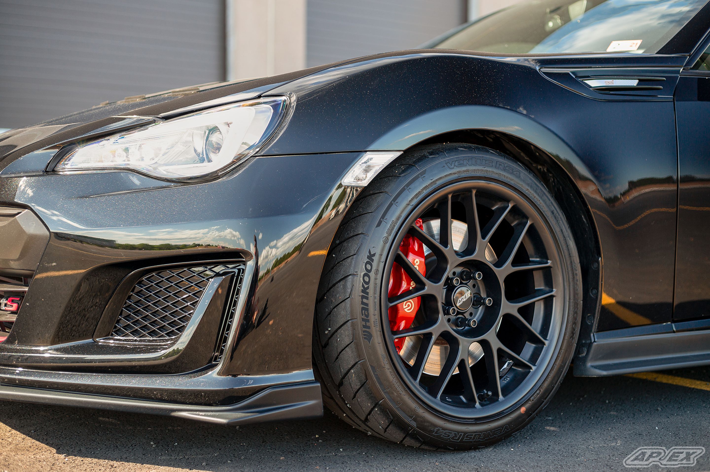 Black Subaru ZC6 / Gen 1 BRZ with 17" ARC-8 Apex wheels in Satin Black